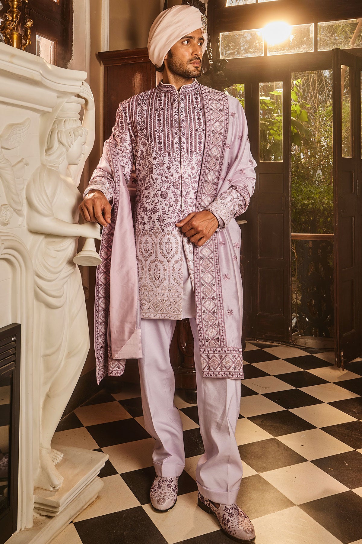 Lilac Ombre Chanderi Embroidered Sherwani