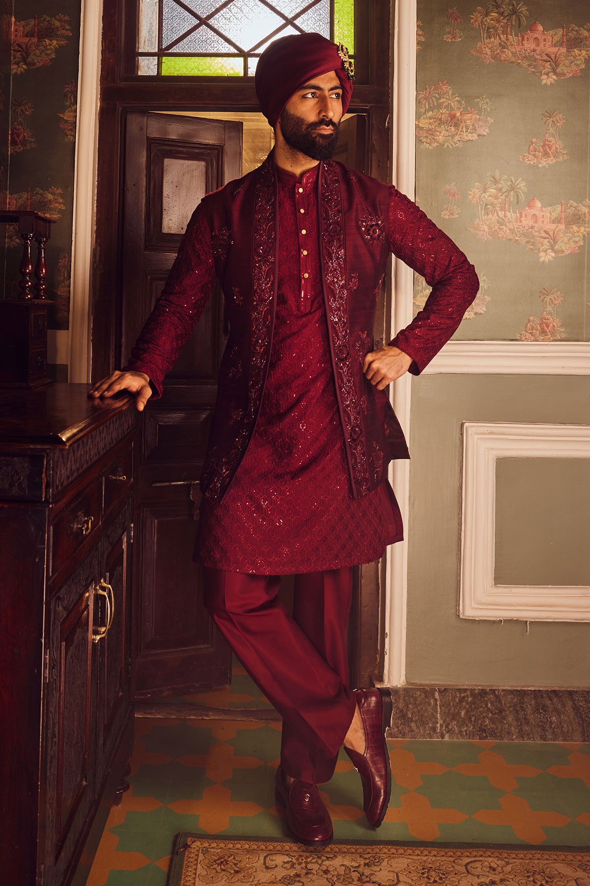 Ruby Chanderi Embroidered Open Kurta Bundi Set