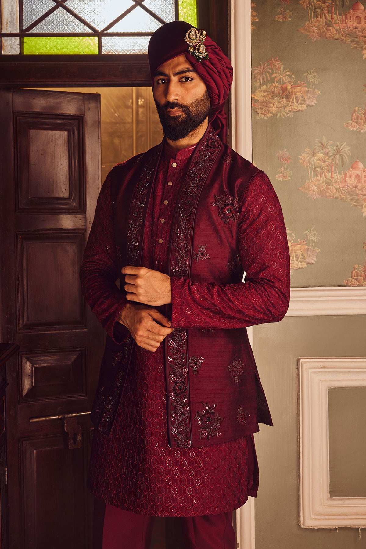 Ruby Chanderi Embroidered Open Kurta Bundi Set