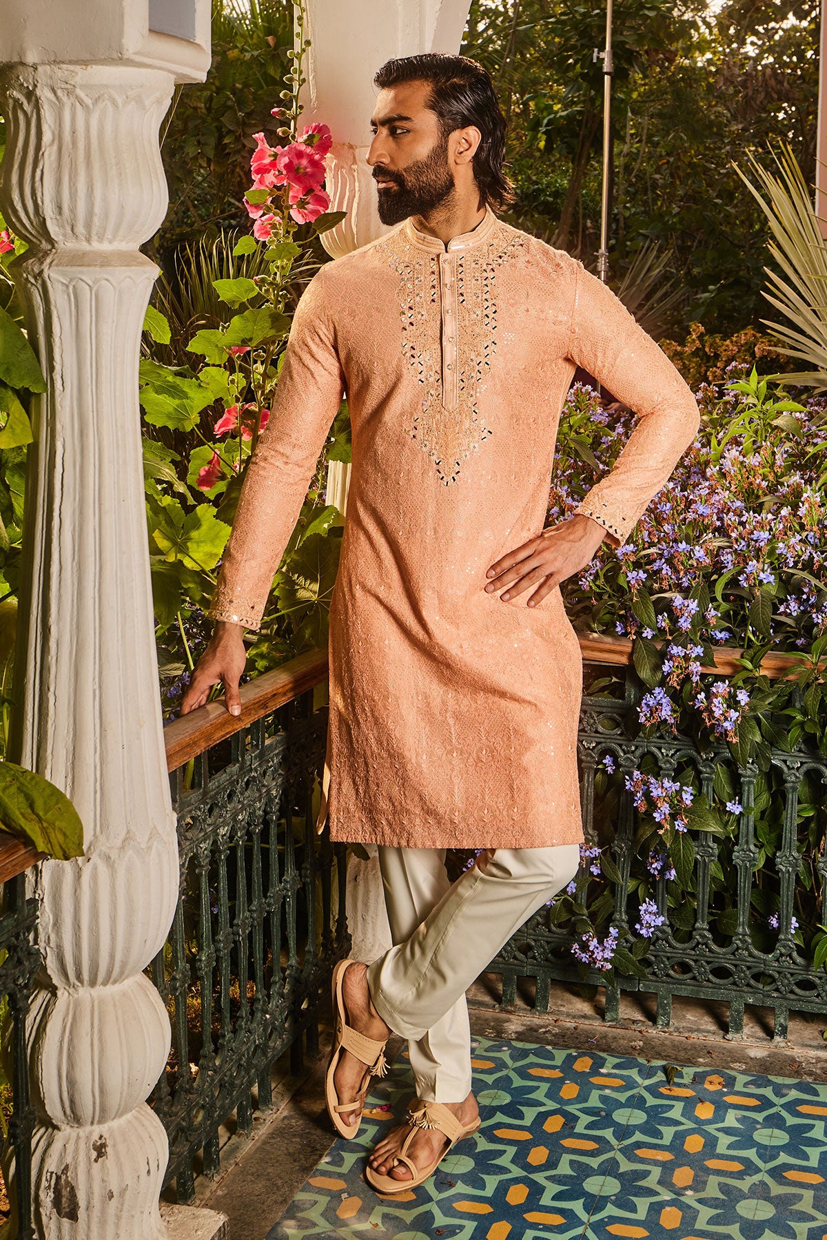 Peach Chanderi Dori and Mirror Embroidered Kurta Set