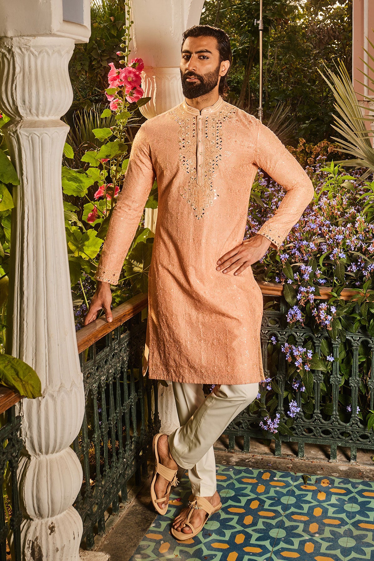 Peach Chanderi Dori and Mirror Embroidered Kurta Set