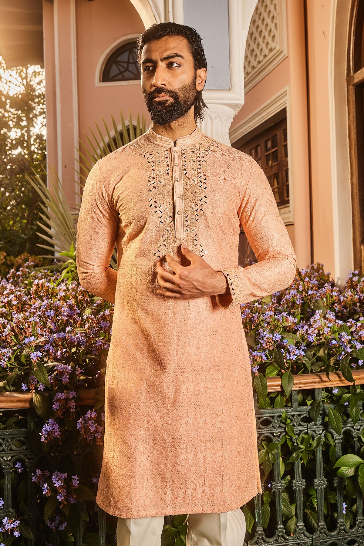Peach Chanderi Dori and Mirror Embroidered Kurta Set