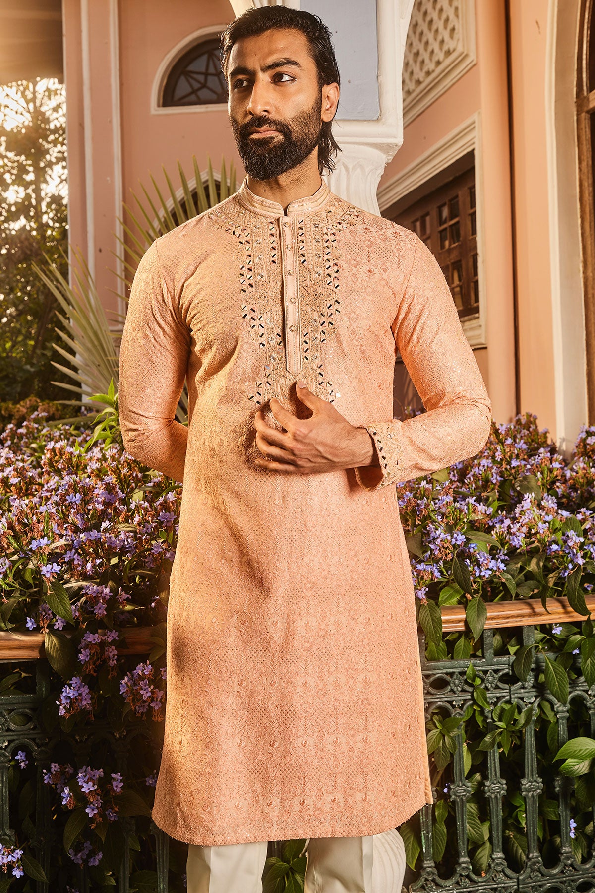 Peach Chanderi Dori and Mirror Embroidered Kurta Set