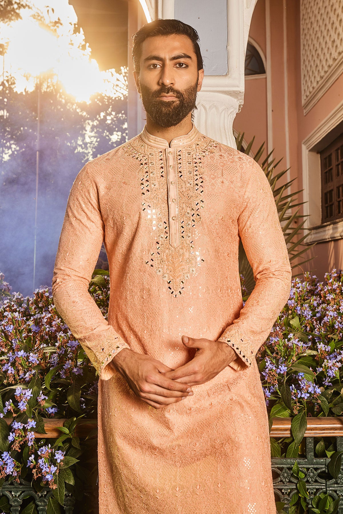 Peach Chanderi Dori and Mirror Embroidered Kurta Set