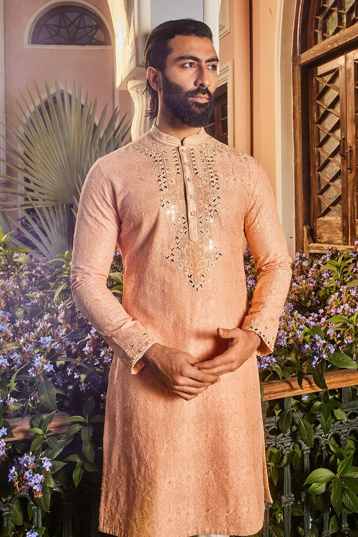 Peach Chanderi Dori and Mirror Embroidered Kurta Set