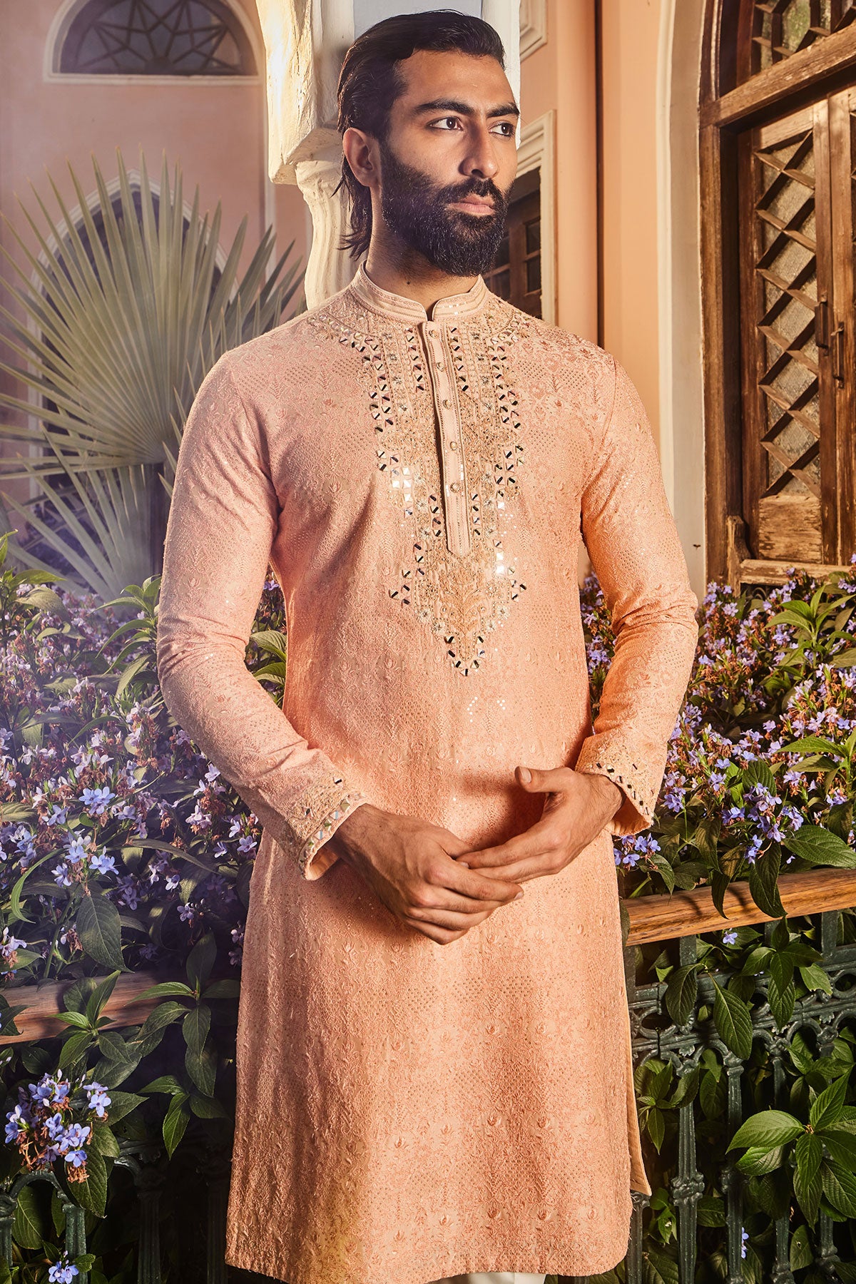 Peach Chanderi Dori and Mirror Embroidered Kurta Set