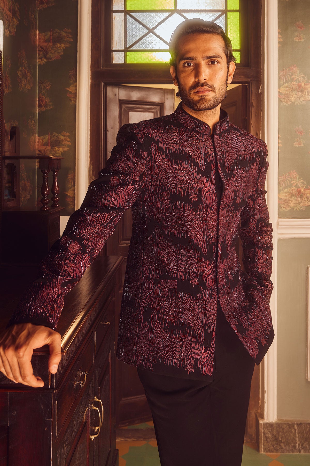 Wine Tigene Pitta Embroidered Bandhgala