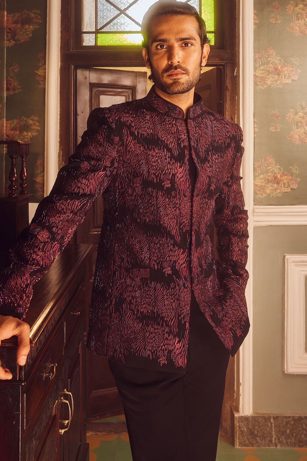 Wine Tigene Pitta Embroidered Bandhgala