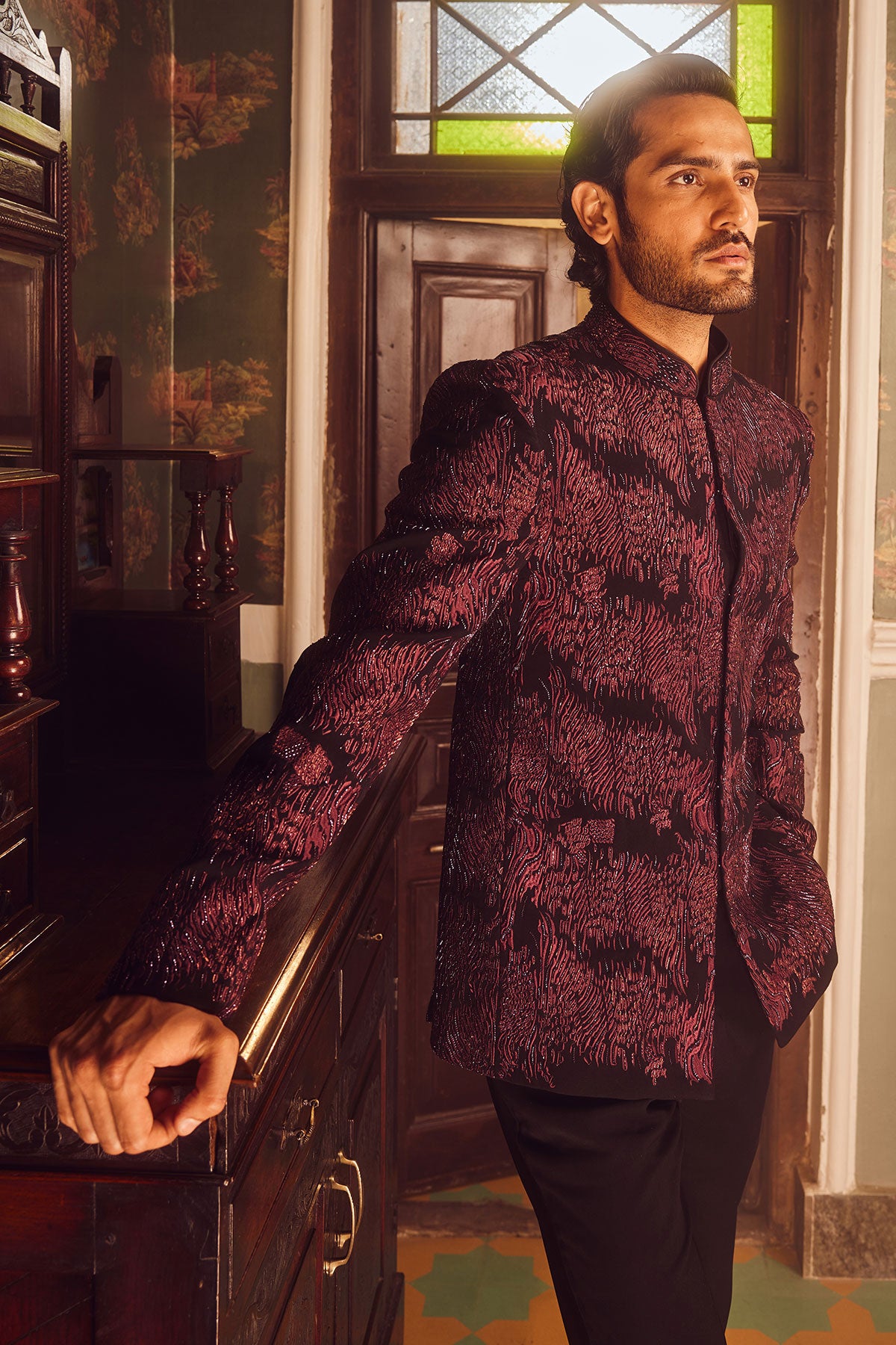 Wine Tigene Pitta Embroidered Bandhgala