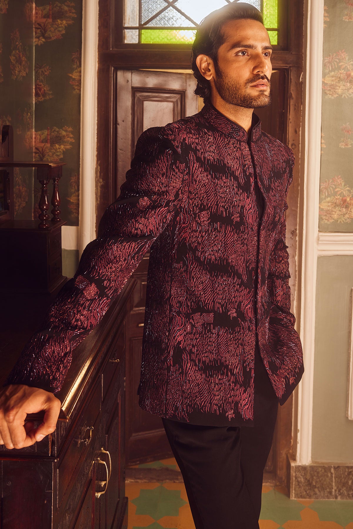 Wine Tigene Pitta Embroidered Bandhgala