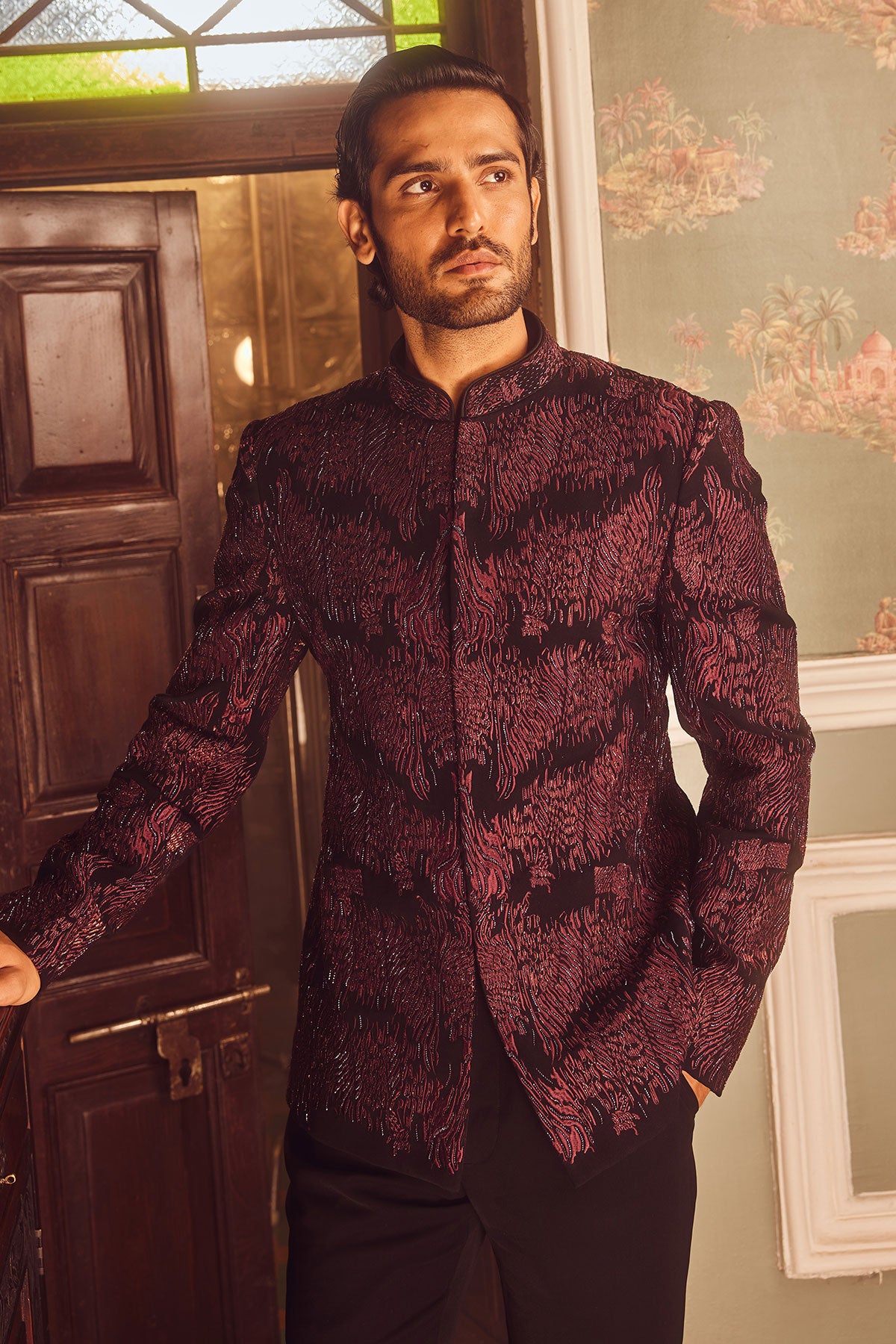 Wine Tigene Pitta Embroidered Bandhgala