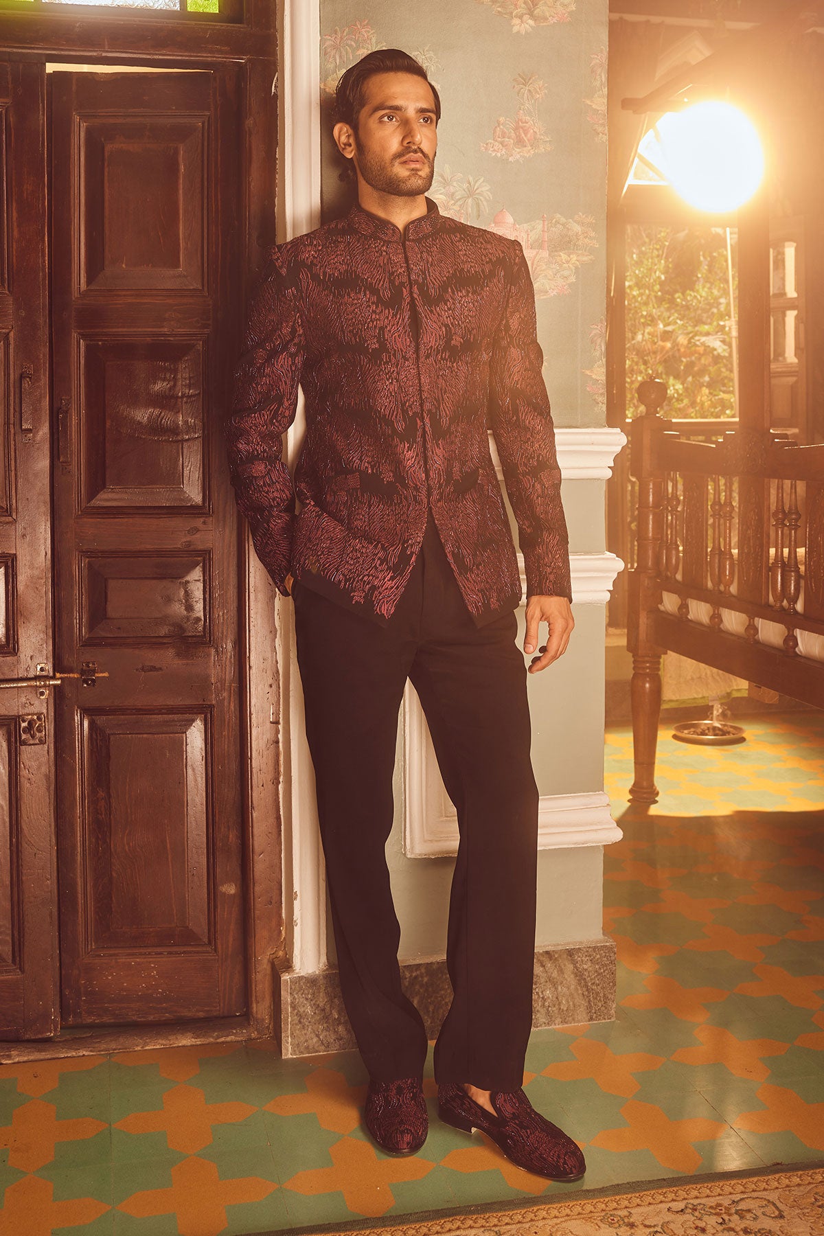 Wine Tigene Pitta Embroidered Bandhgala