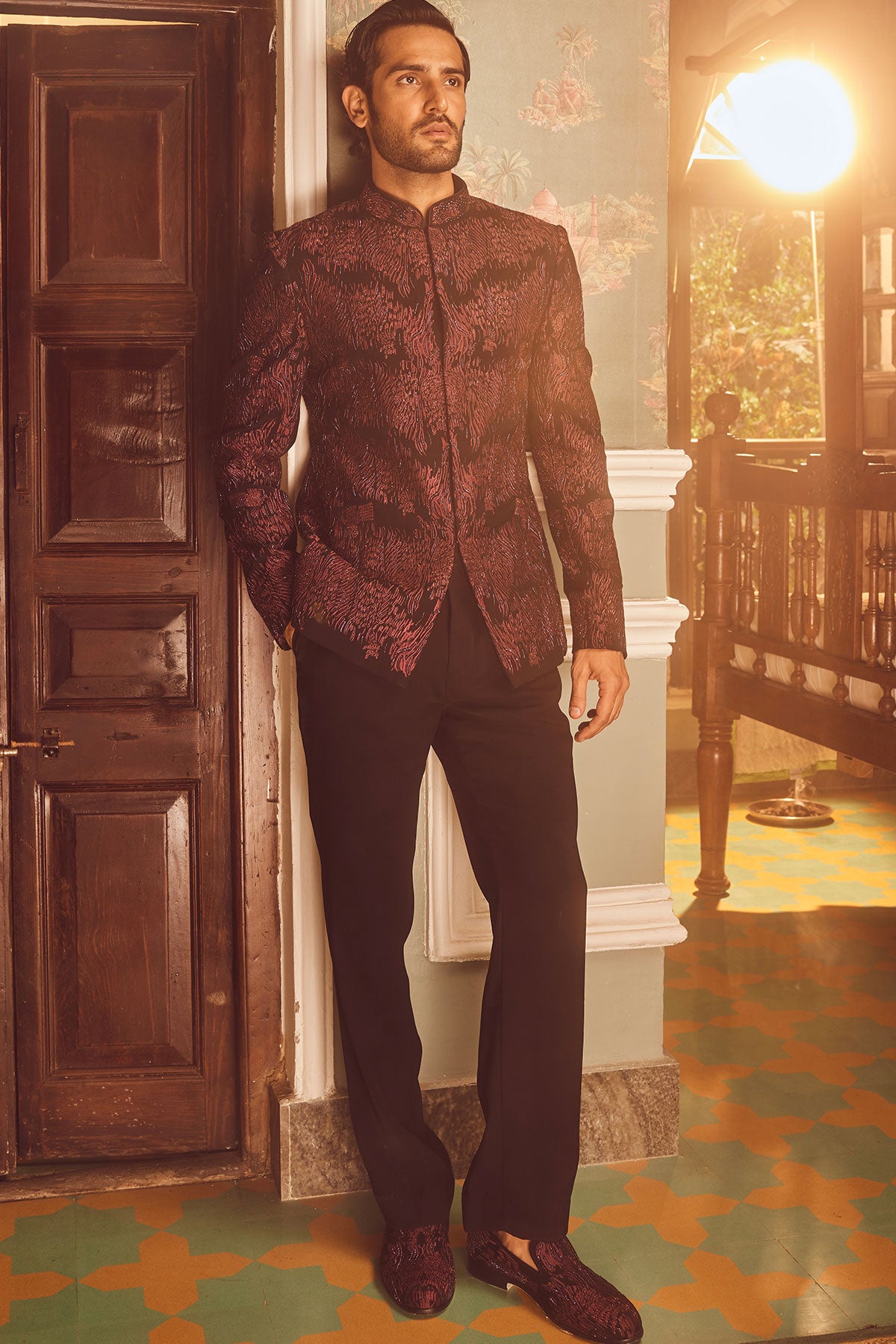 Wine Tigene Pitta Embroidered Bandhgala