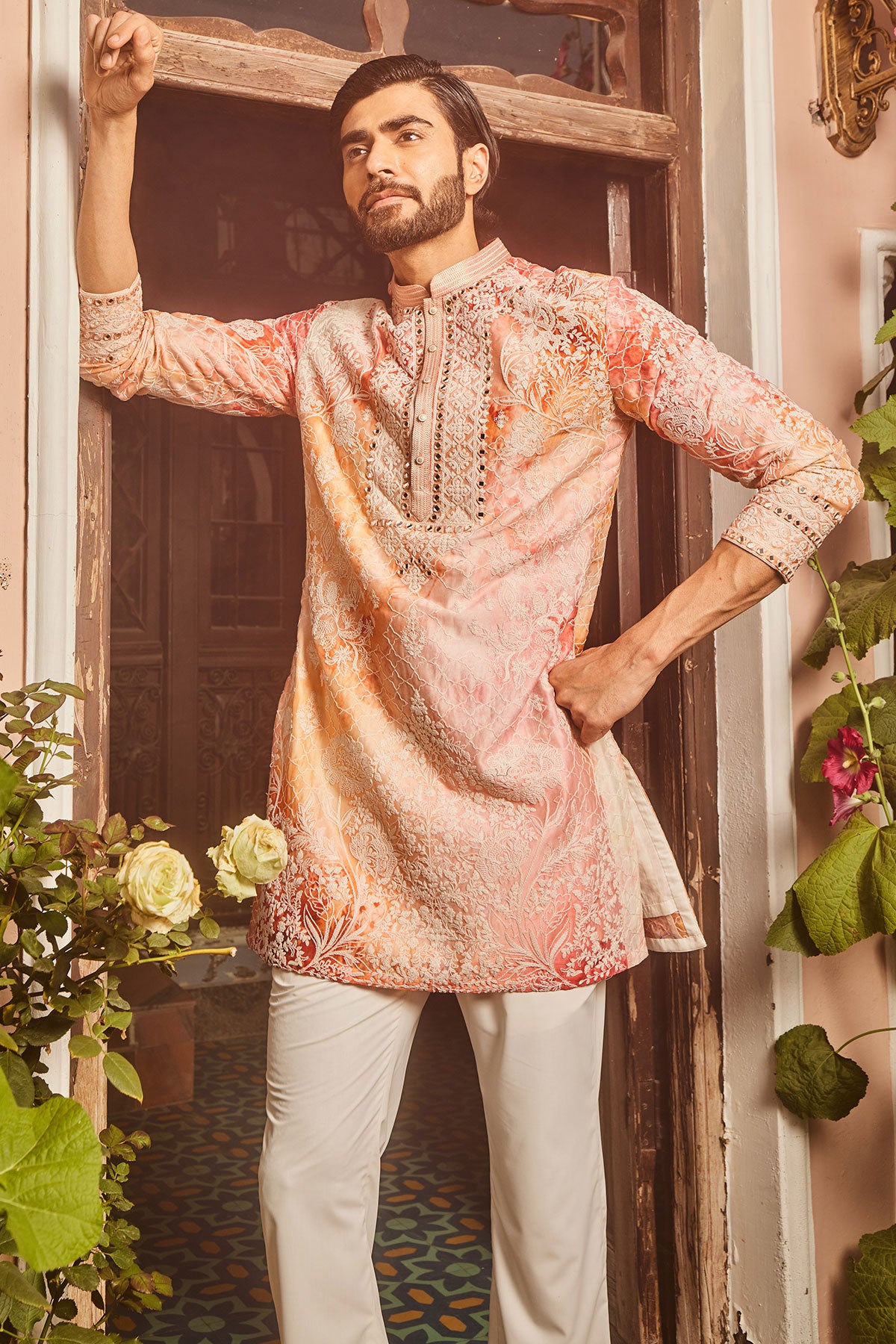 Peach Printed Dori and Mirror Embroidered Kurta Set