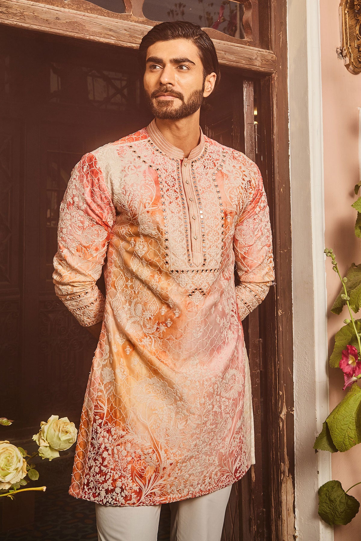 Peach Printed Dori and Mirror Embroidered Kurta Set