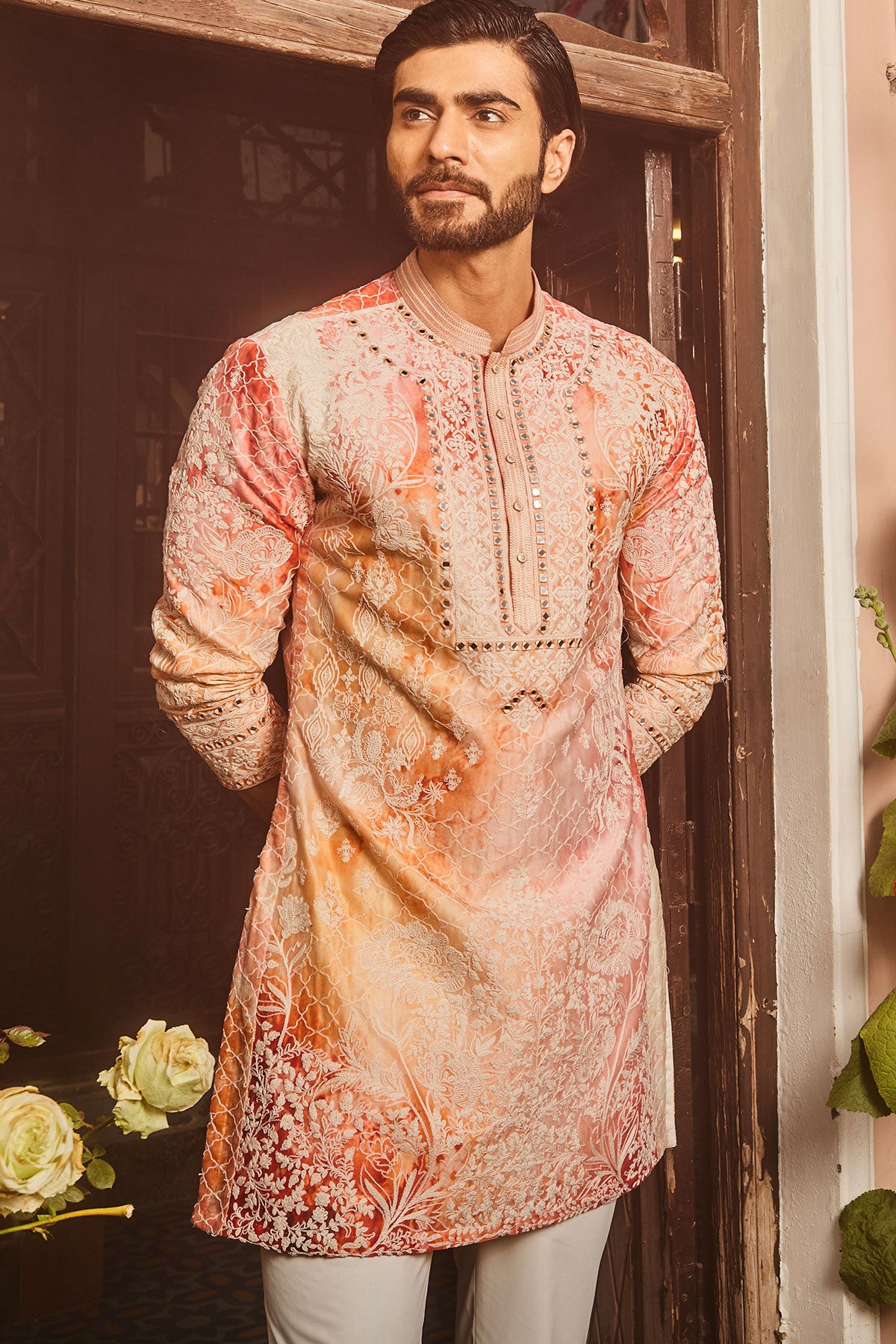 Peach Printed Dori and Mirror Embroidered Kurta Set