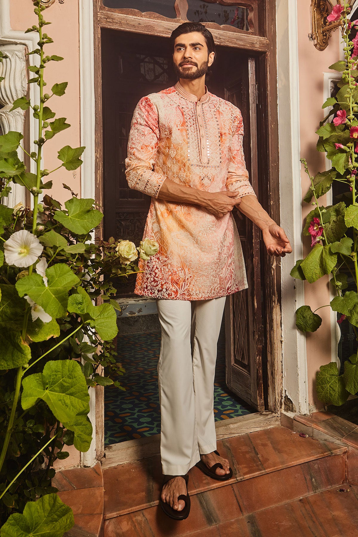 Peach Printed Dori and Mirror Embroidered Kurta Set