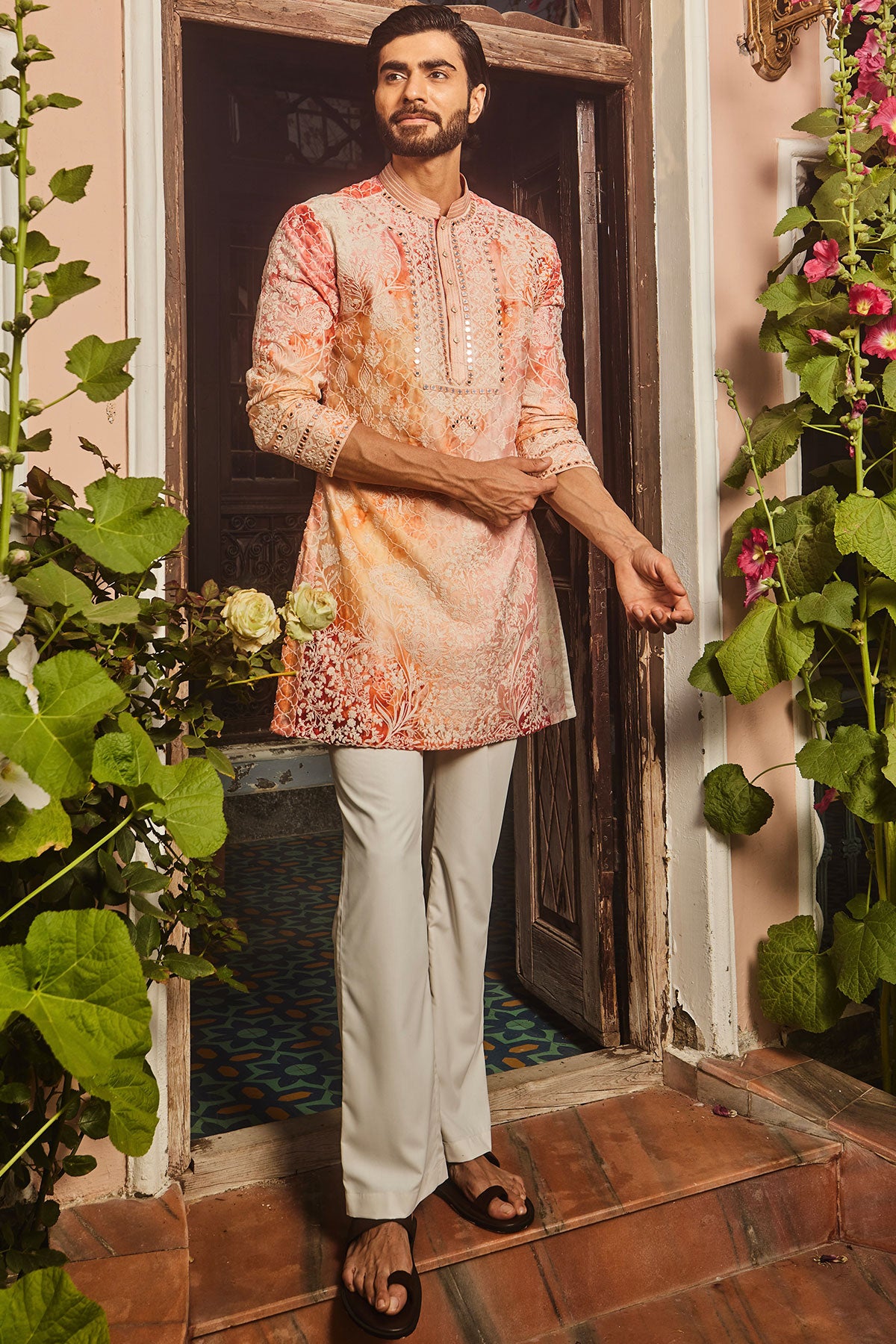 Peach Printed Dori and Mirror Embroidered Kurta Set