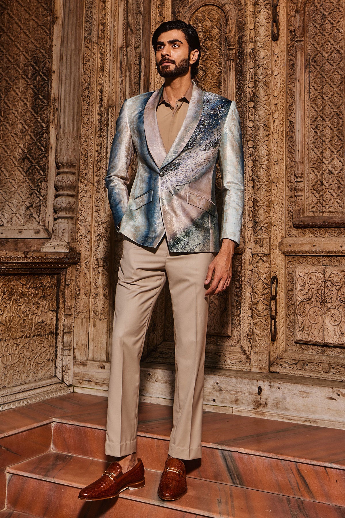 Sky Blue Peacock Velvet Feather Embroidered Tuxedo Set