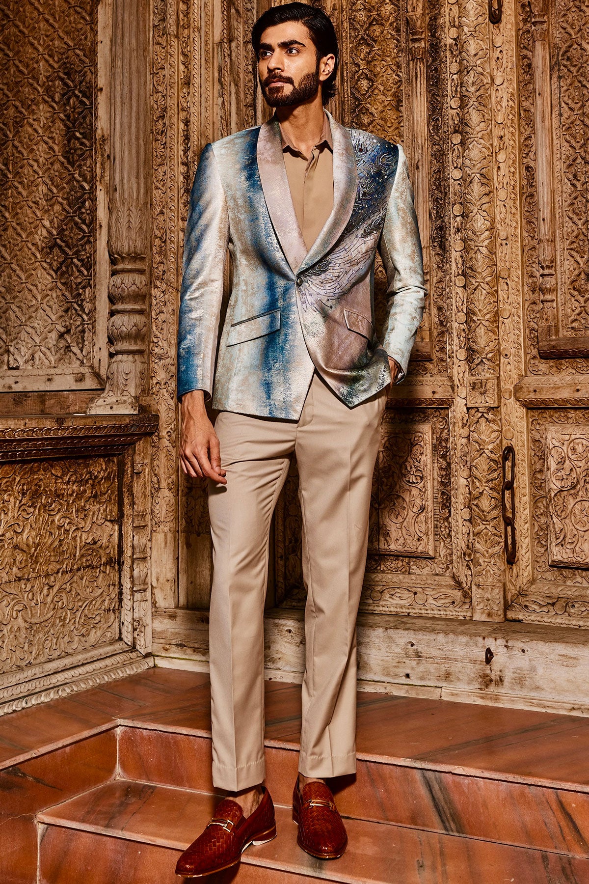 Sky Blue Peacock Velvet Feather Embroidered Tuxedo Set