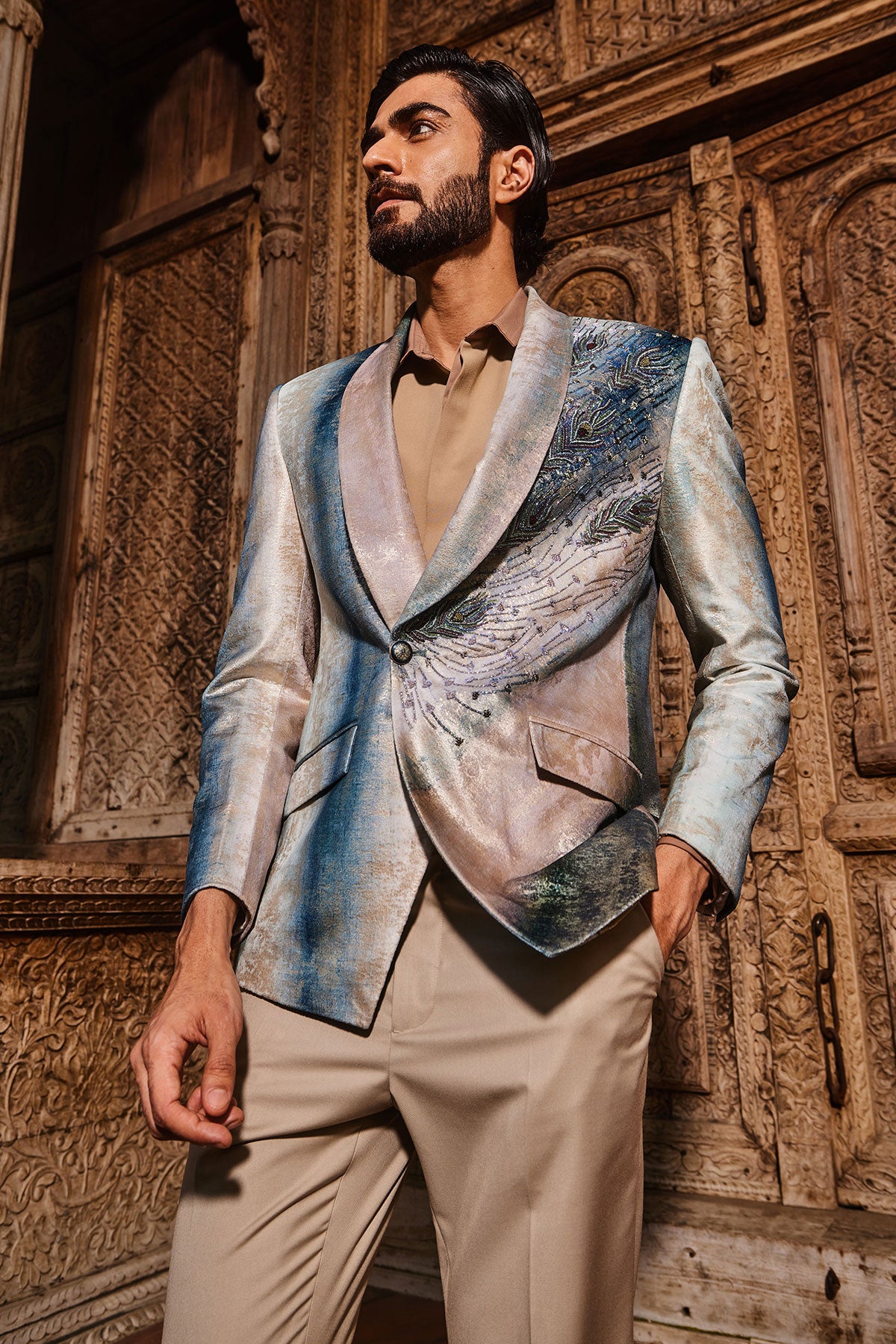 Sky Blue Peacock Velvet Feather Embroidered Tuxedo Set