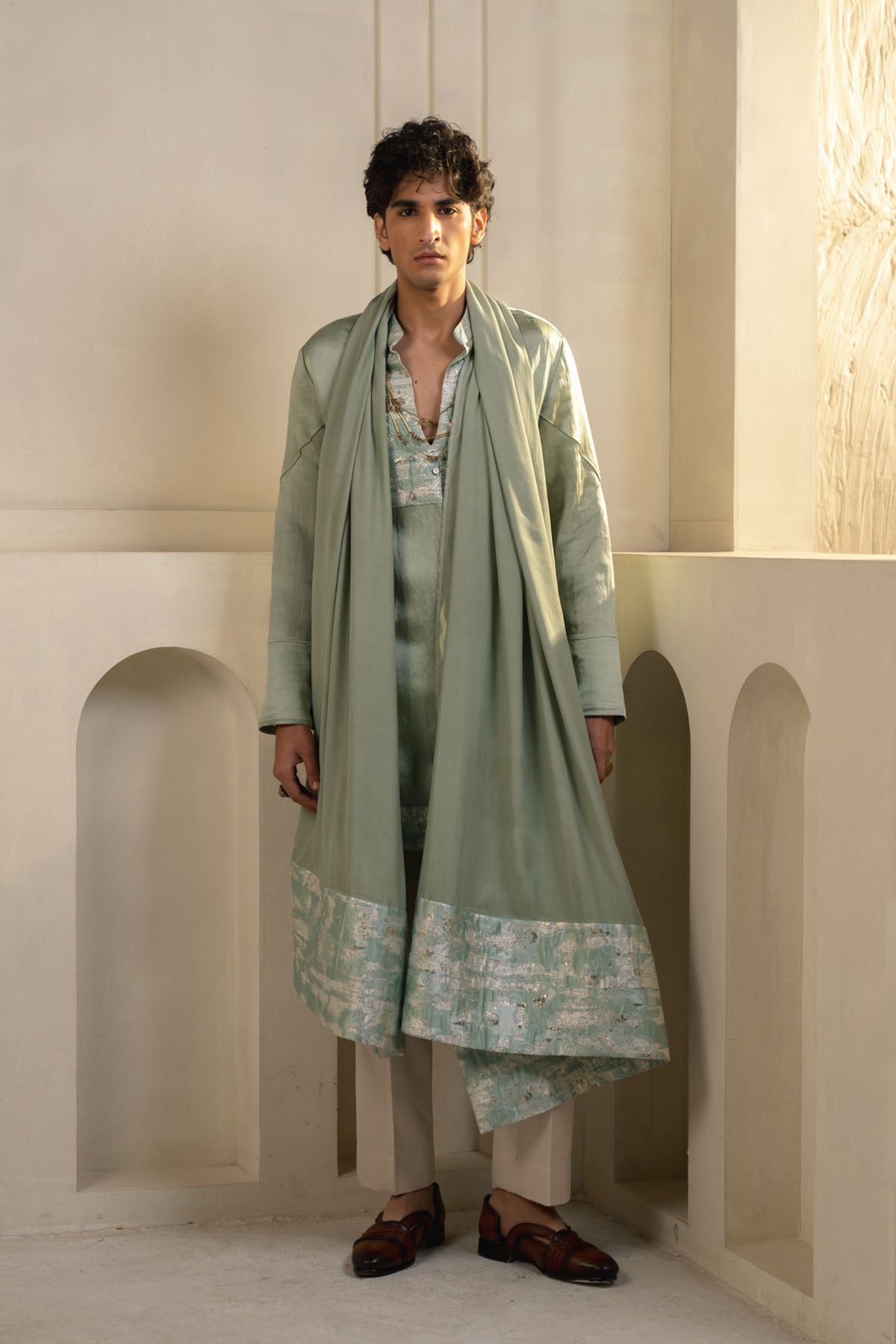 Mint Green Linen Silk Kurta Set With Dupatta