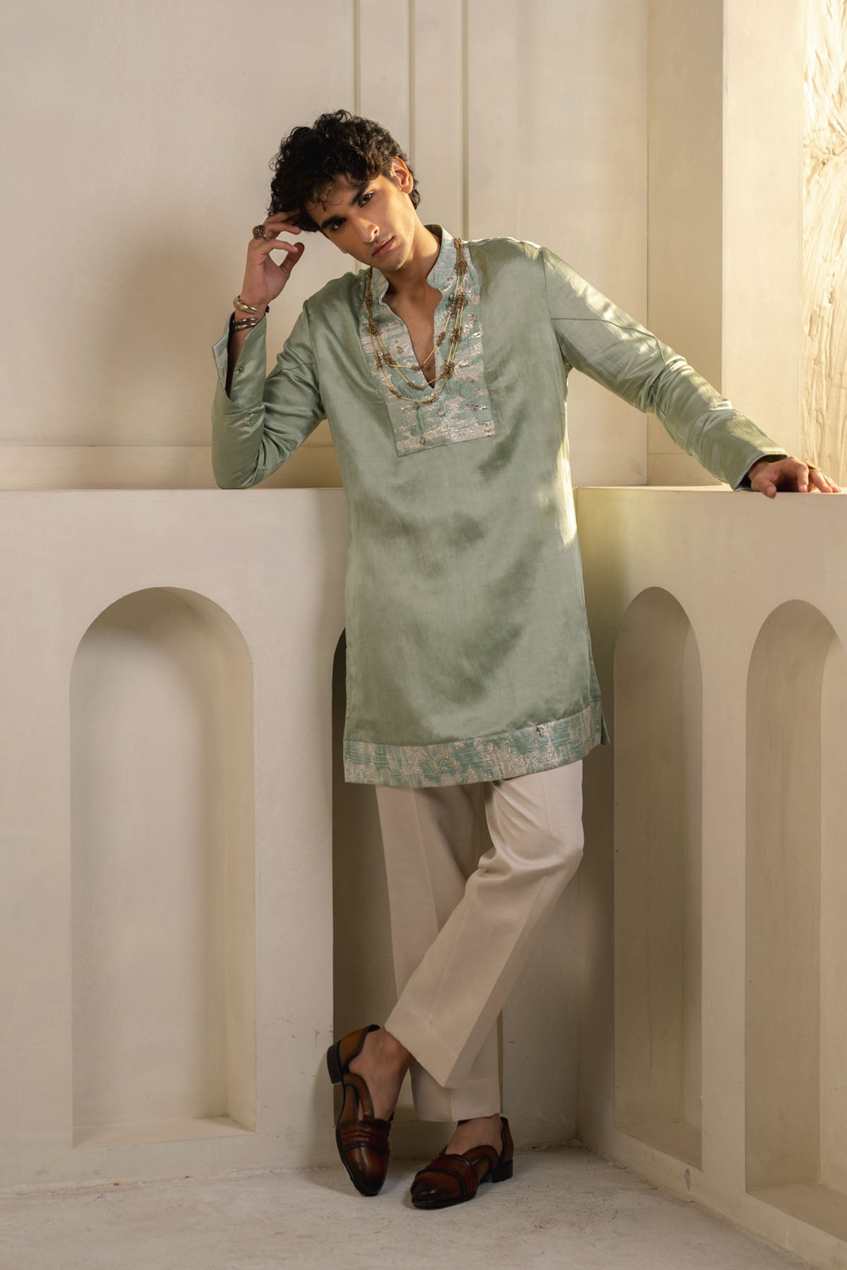Mint Green Linen Silk Kurta Set With Dupatta