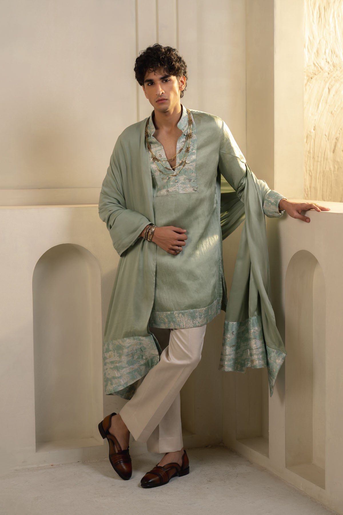 Mint Green Linen Silk Kurta Set With Dupatta