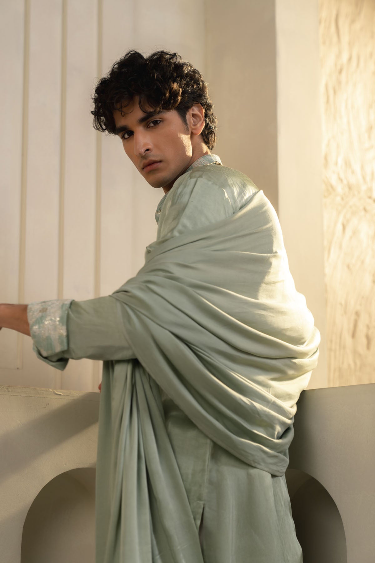 Mint Green Linen Silk Kurta Set With Dupatta