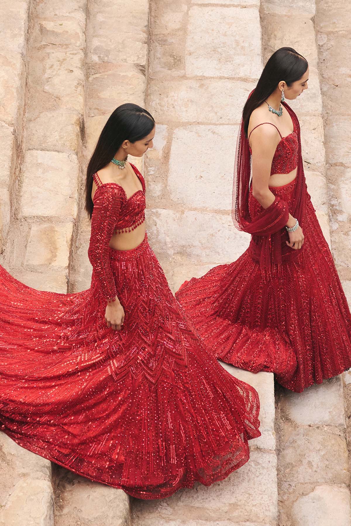 Vermellion Red Embroidered Mermaid Skirt Set