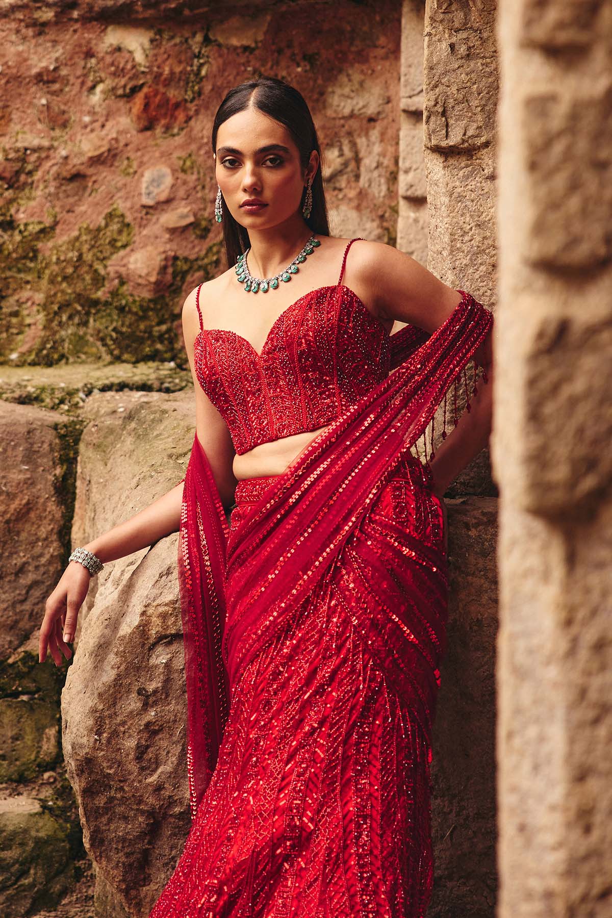 Vermellion Red Embellished Pre-Draped Skirt Saree Set