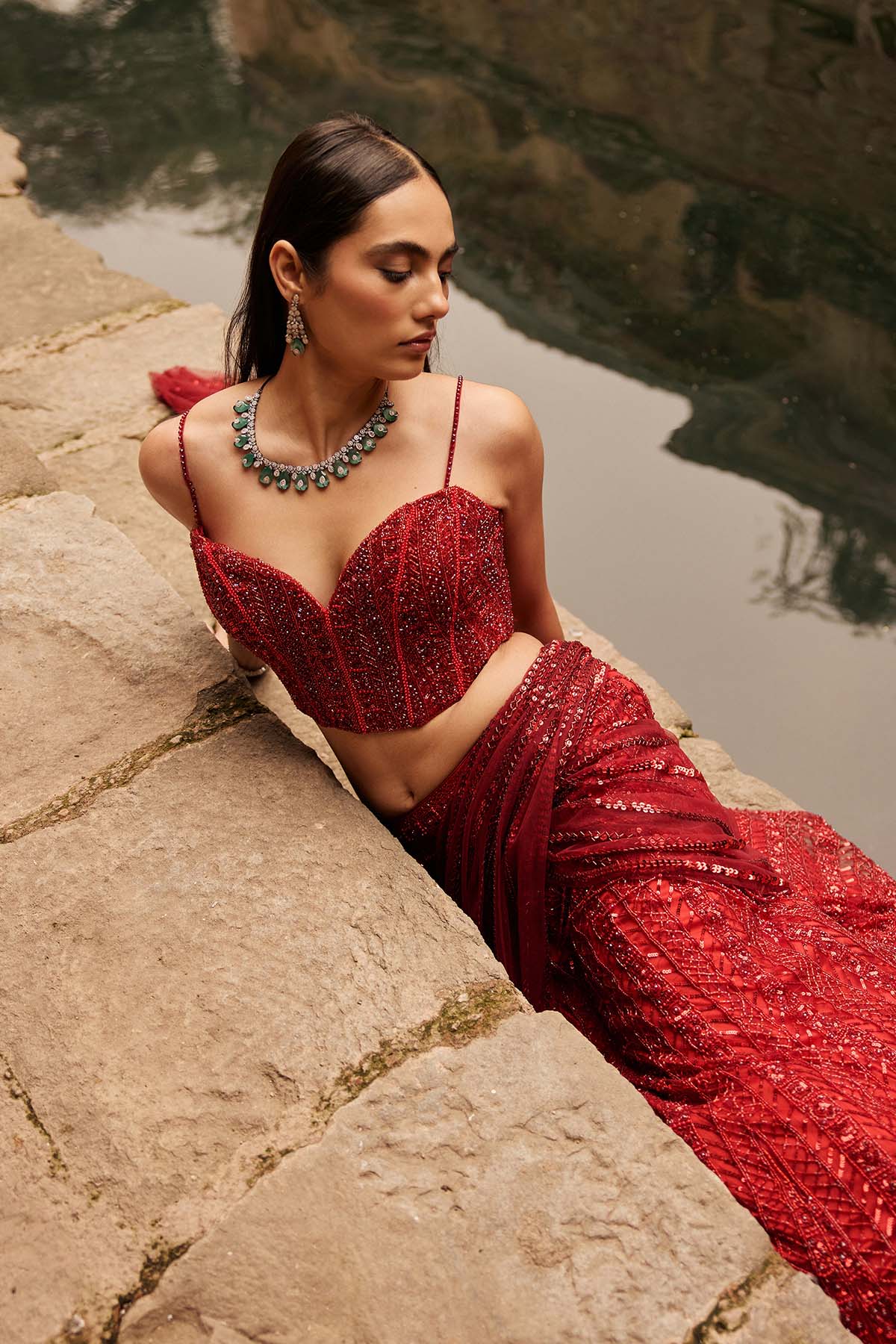 Vermellion Red Embellished Pre-Draped Skirt Saree Set