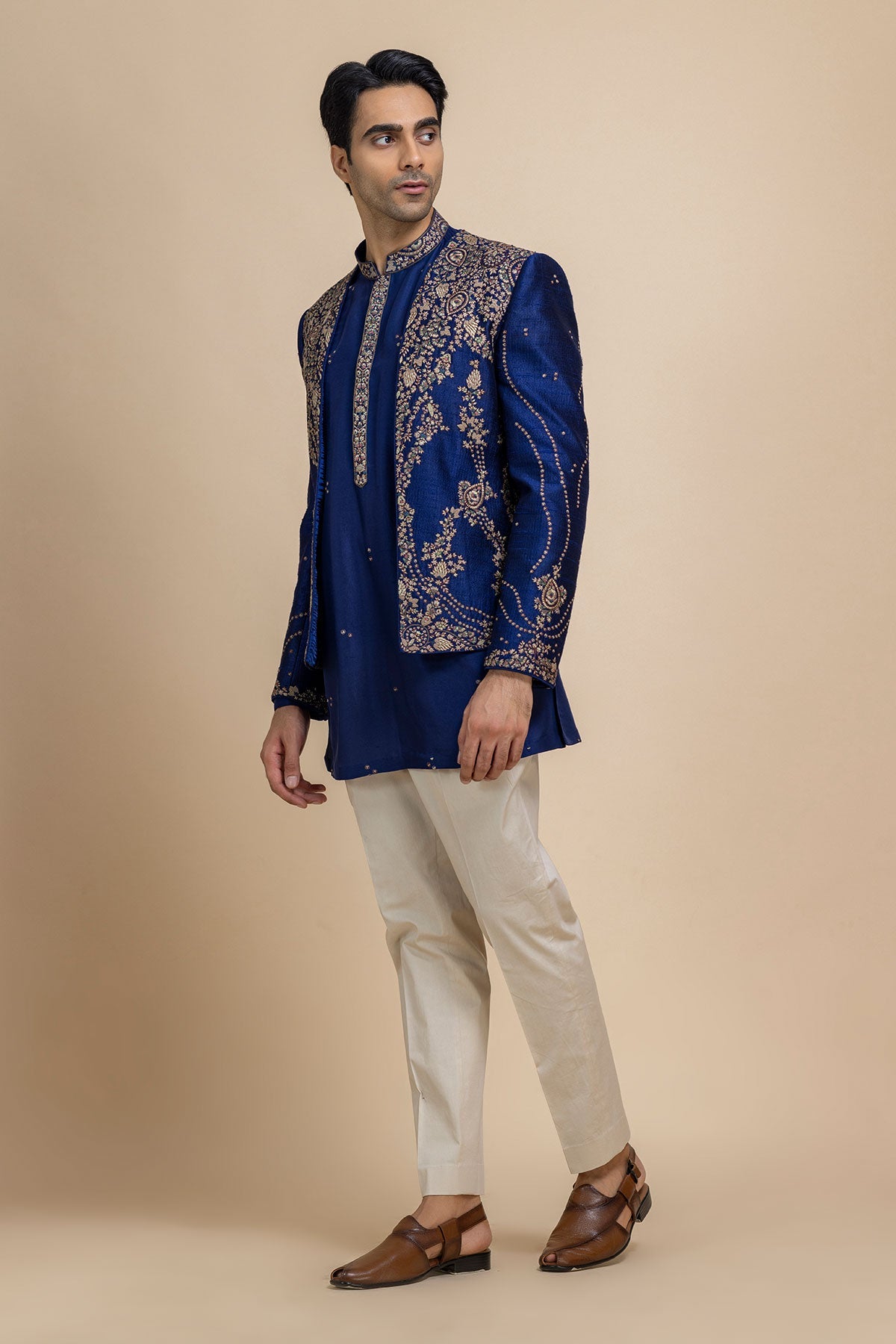 Sterling Royal Blue Open Jacket, Kurta & Pant Set