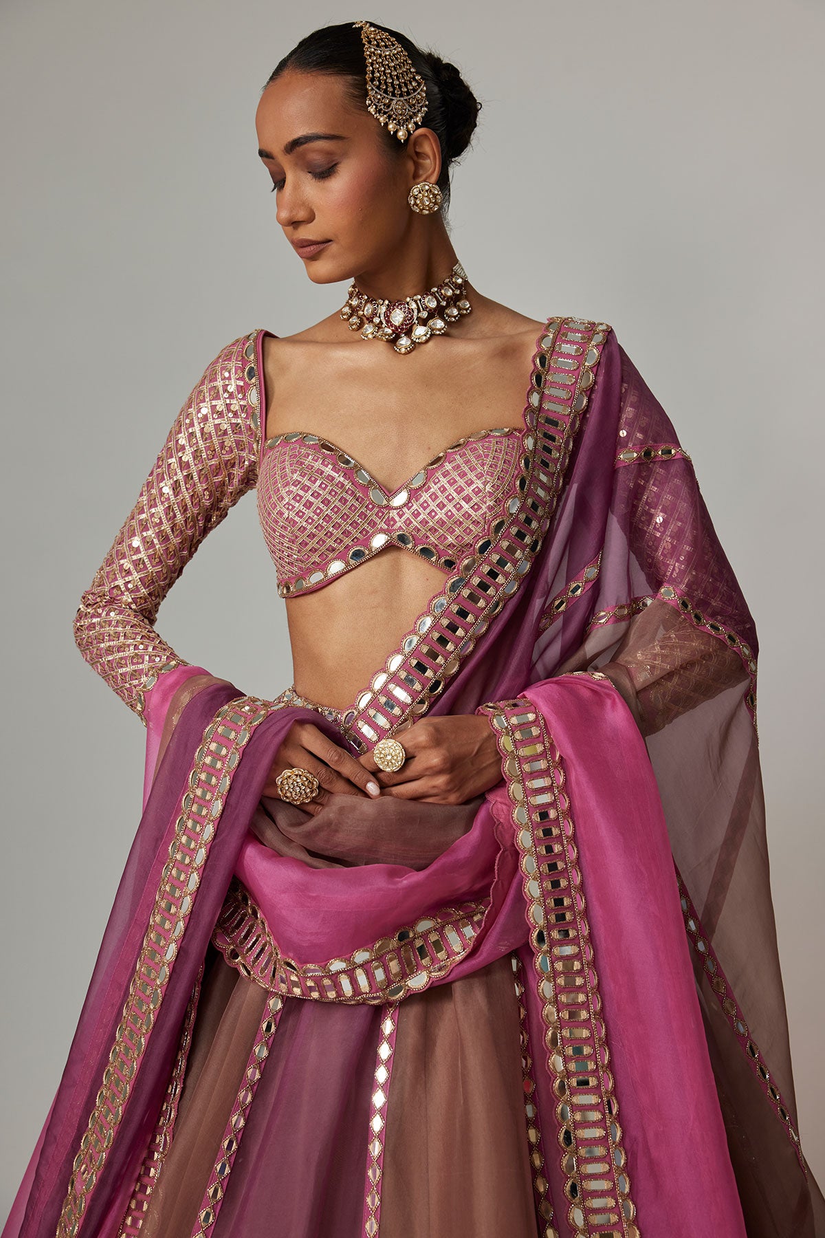 Mud Mauve Multicolor Lehenga With Elbow Sleeve Blouse