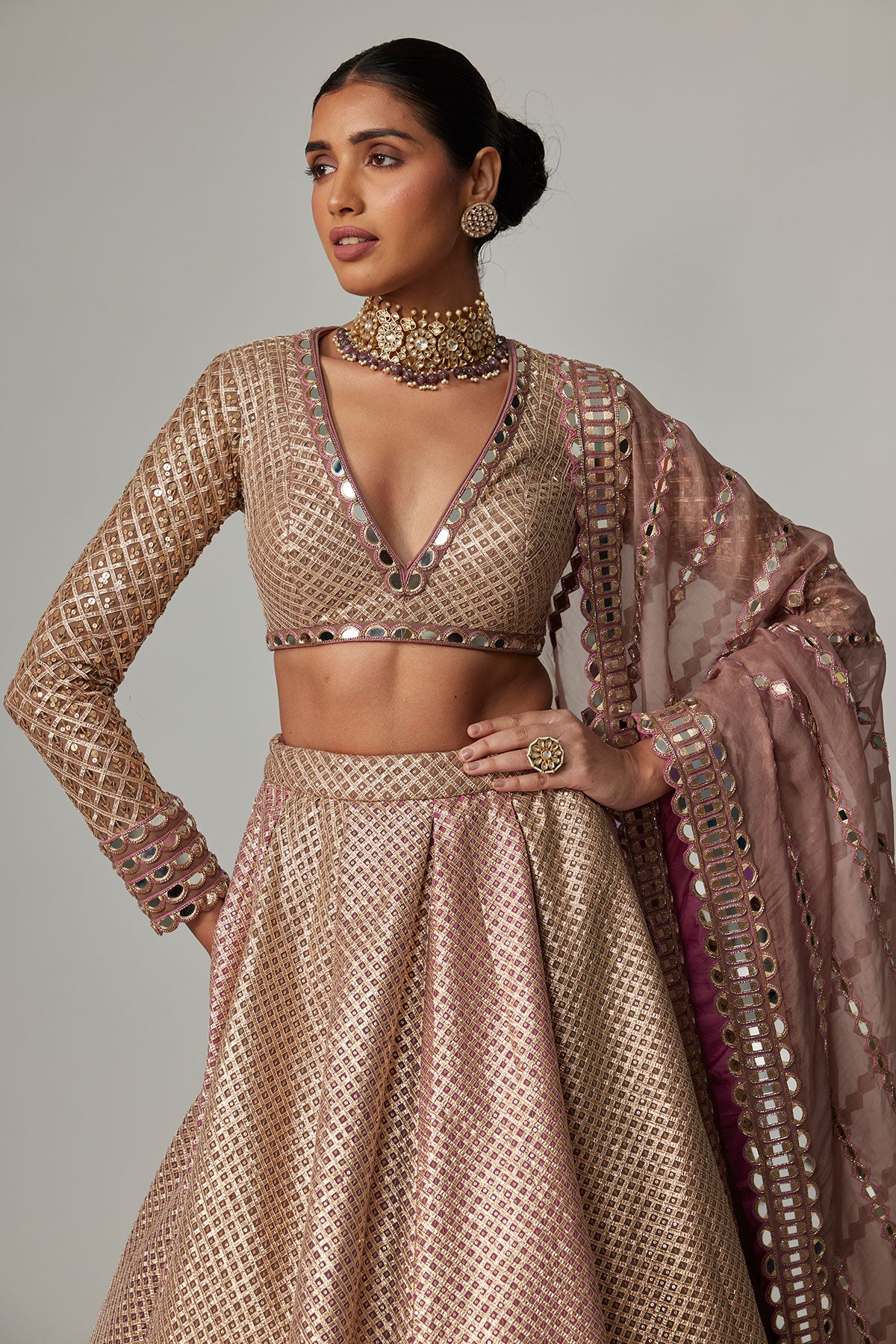 Deep Beige Multicolor Skirt With V Neck Full Sleeve Blouse