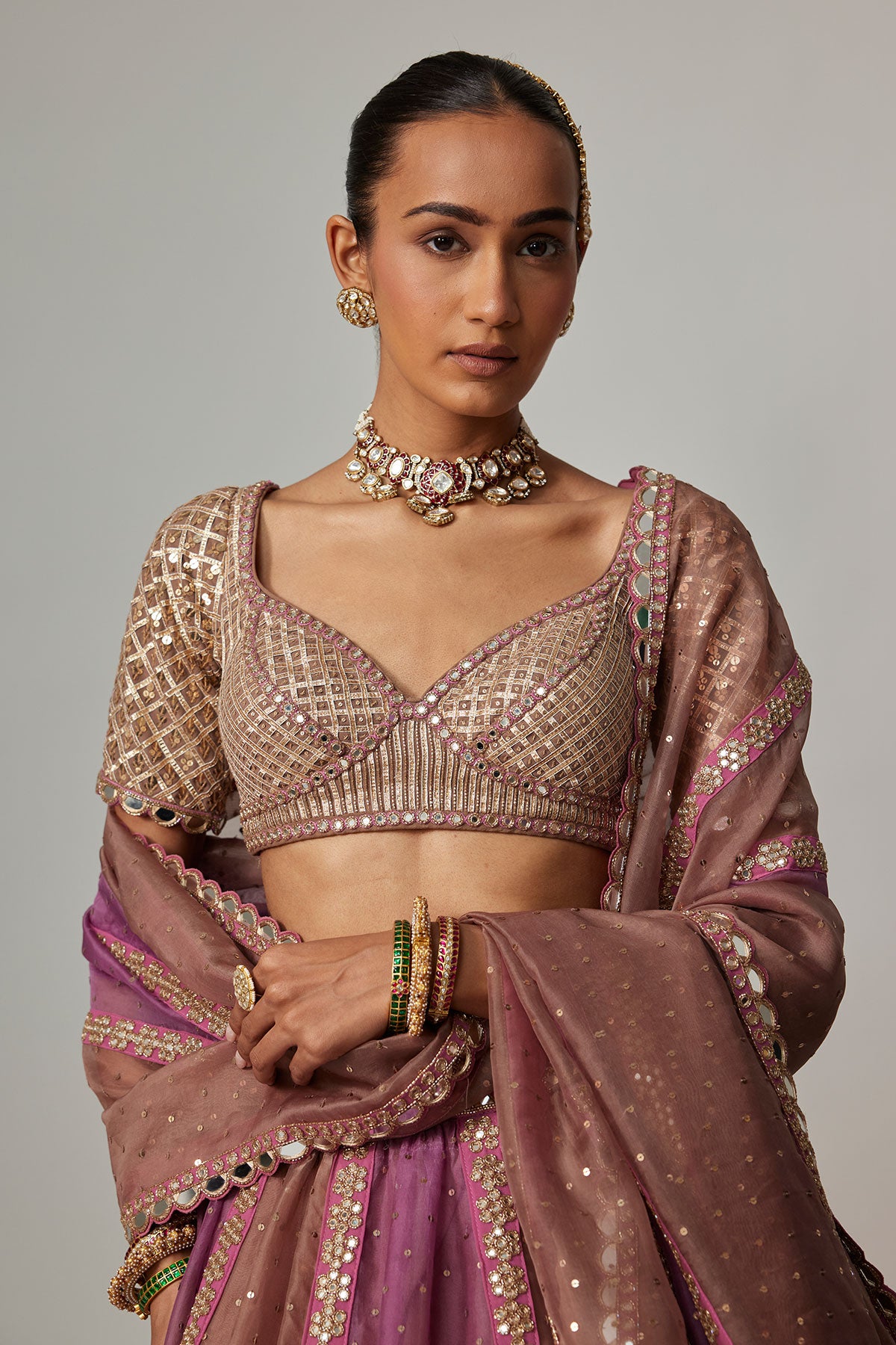 Mud Mauve Multicolor Sequin Scatter Lehenga With Elbow Sleeve Blouse