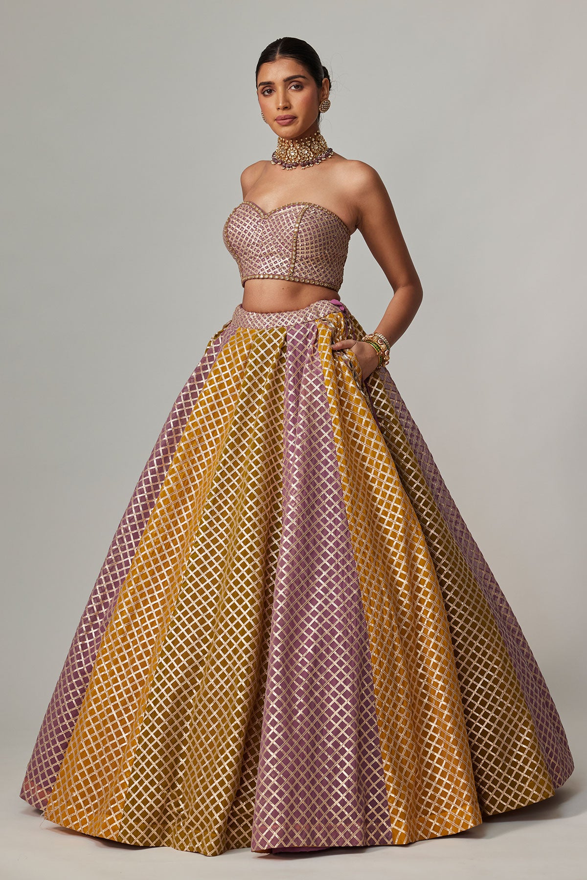 Mustard Multicolor Corset Skirt Set