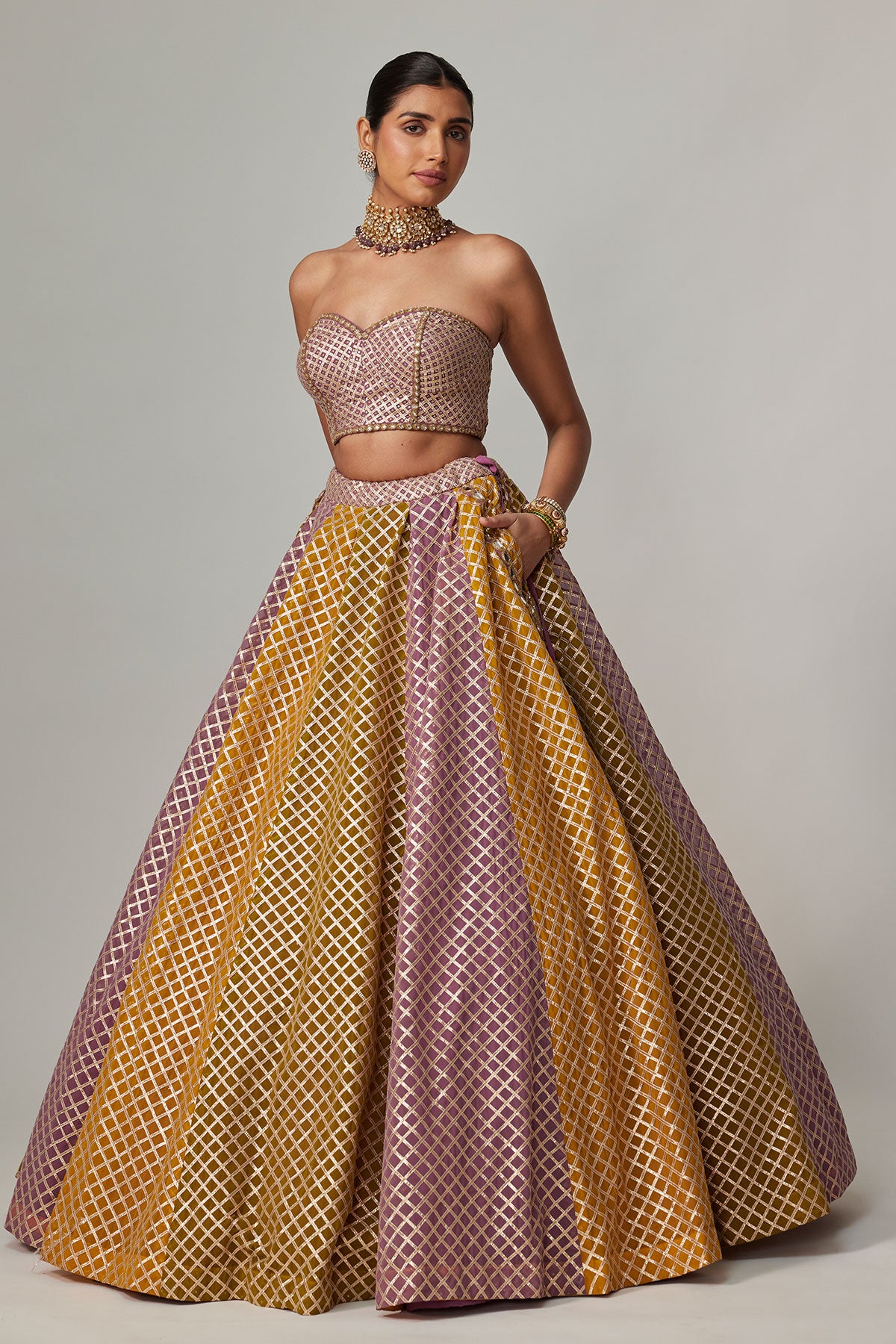 Mustard Multicolor Corset Skirt Set