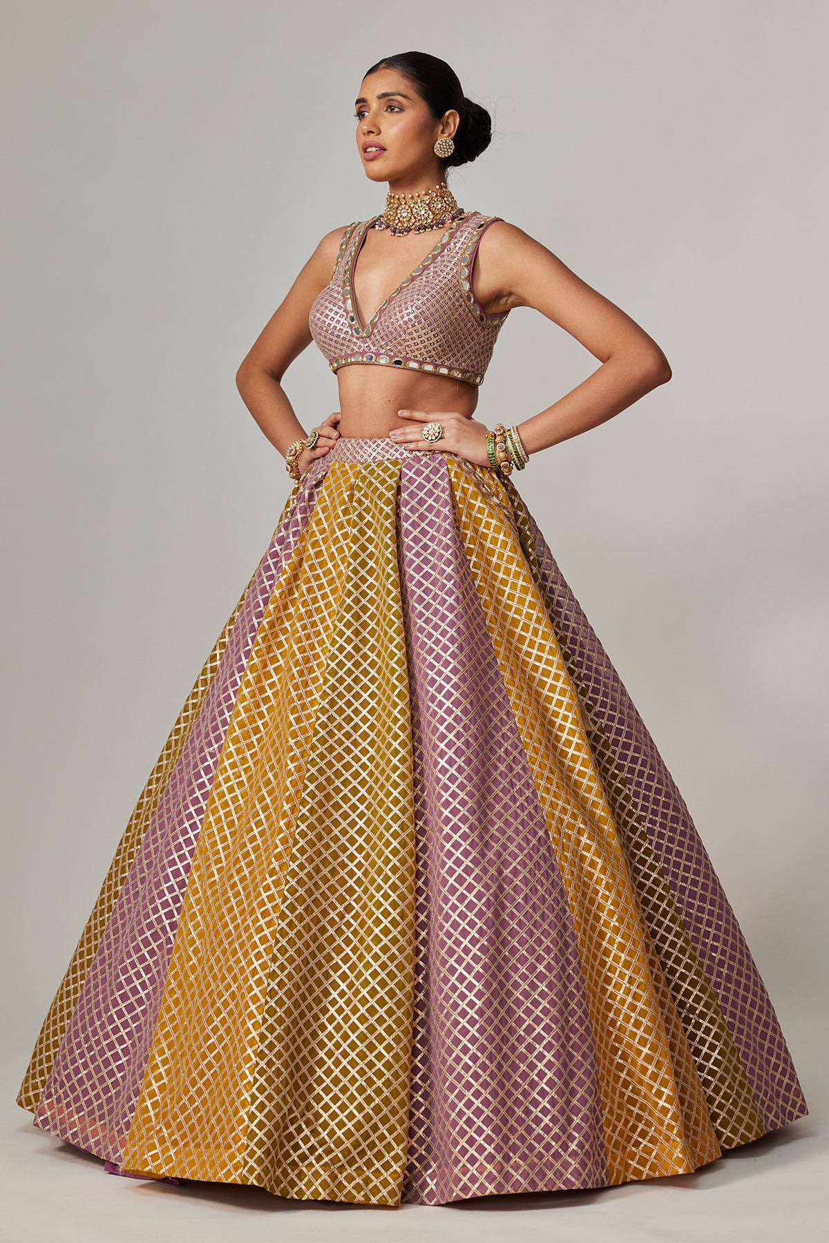 Mustard Multicolor Crop Top With Skirt
