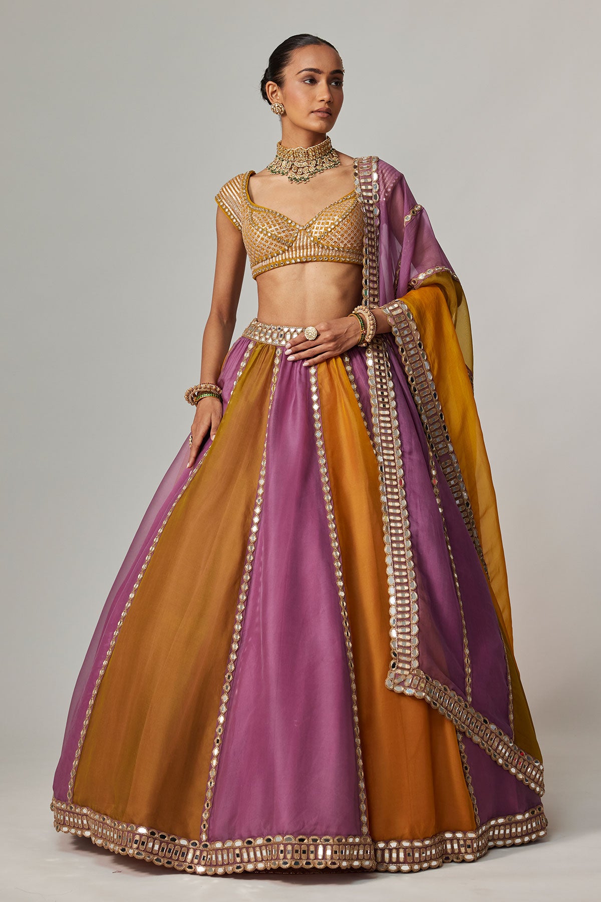 Mustard Multicolor Linear Lehenga With Cap Sleeve Blouse