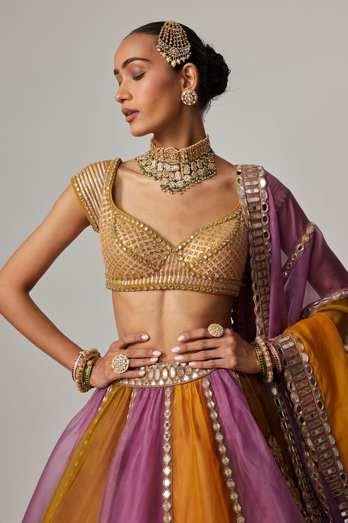 Mustard Multicolor Linear Lehenga With Cap Sleeve Blouse