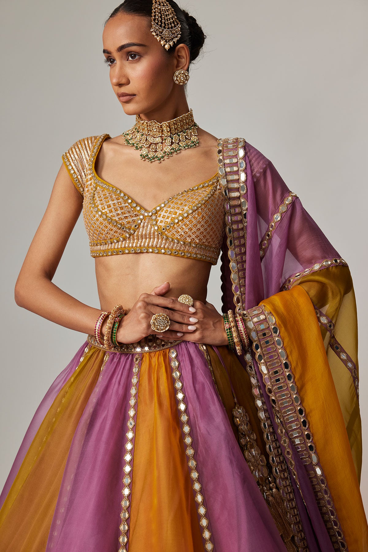 Mustard Multicolor Linear Lehenga With Cap Sleeve Blouse