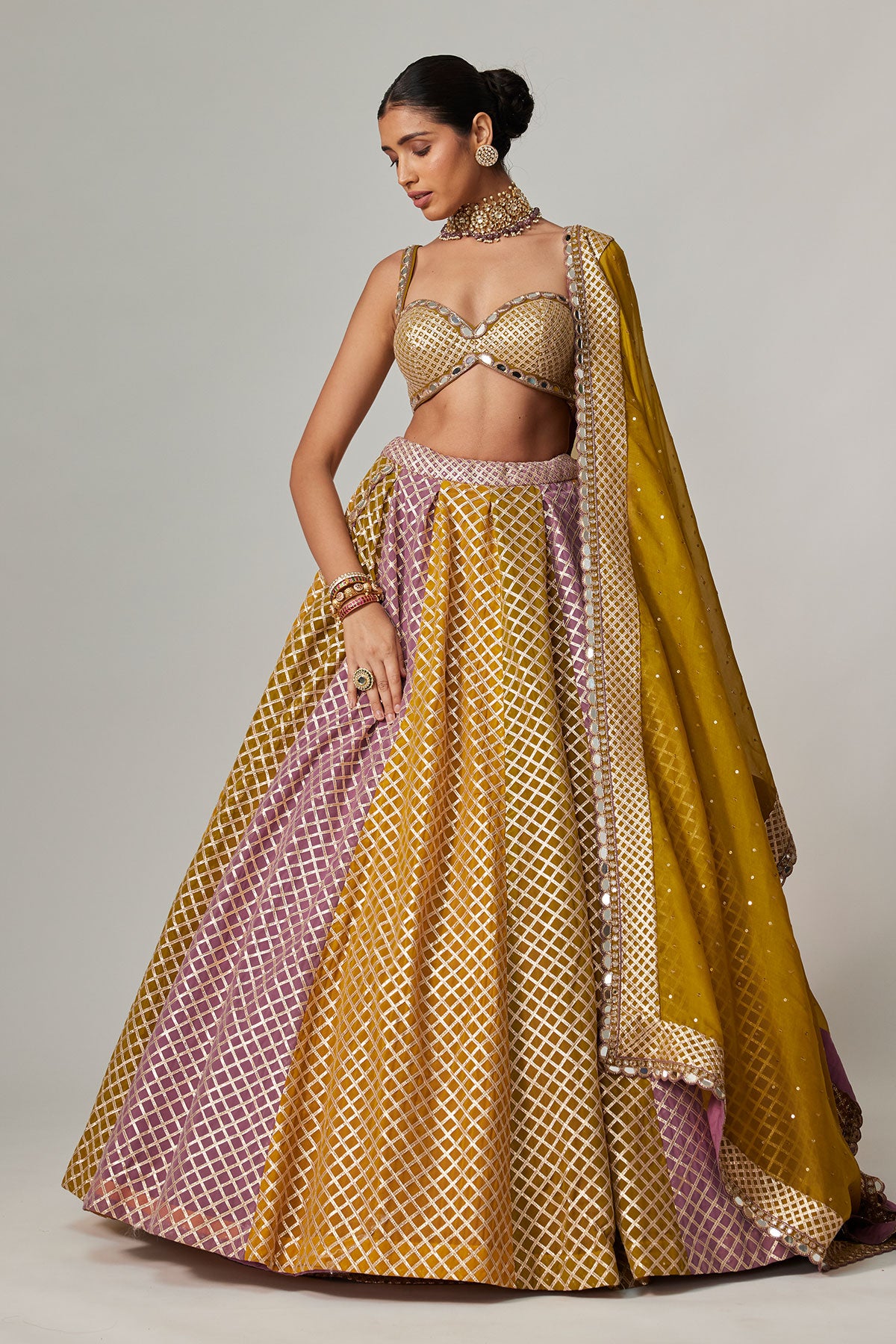 Mustard Multicolor Big Check Lehenga Set