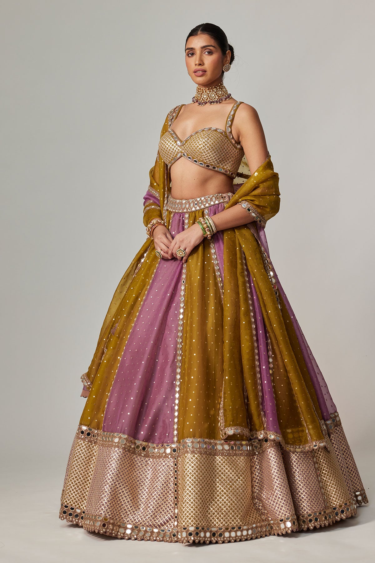 Green Multicolor Sequin Scatter Lehenga Set