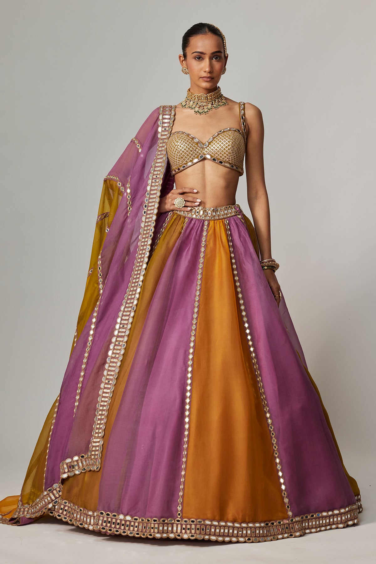 Mustard Multicolor Linear Lehenga With Sweetheart Neck Blouse