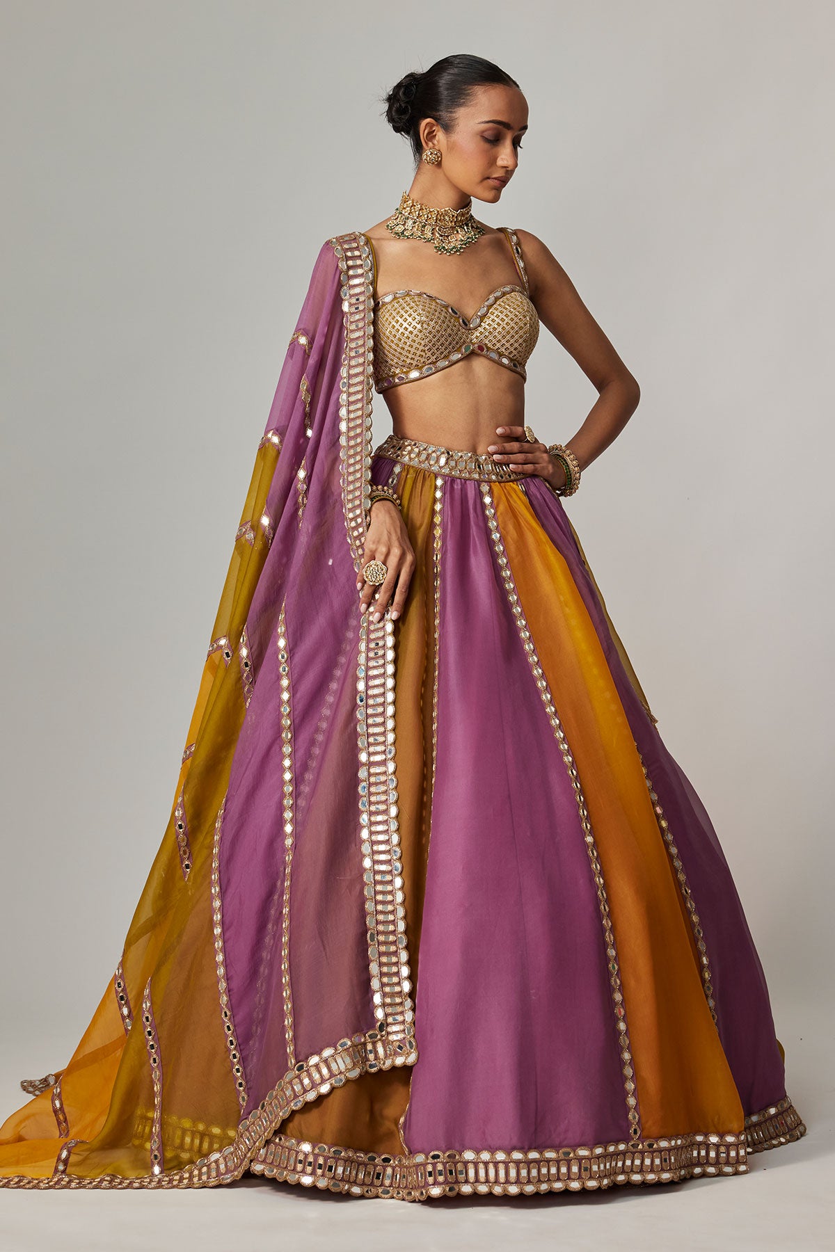 Mustard Multicolor Linear Lehenga With Sweetheart Neck Blouse