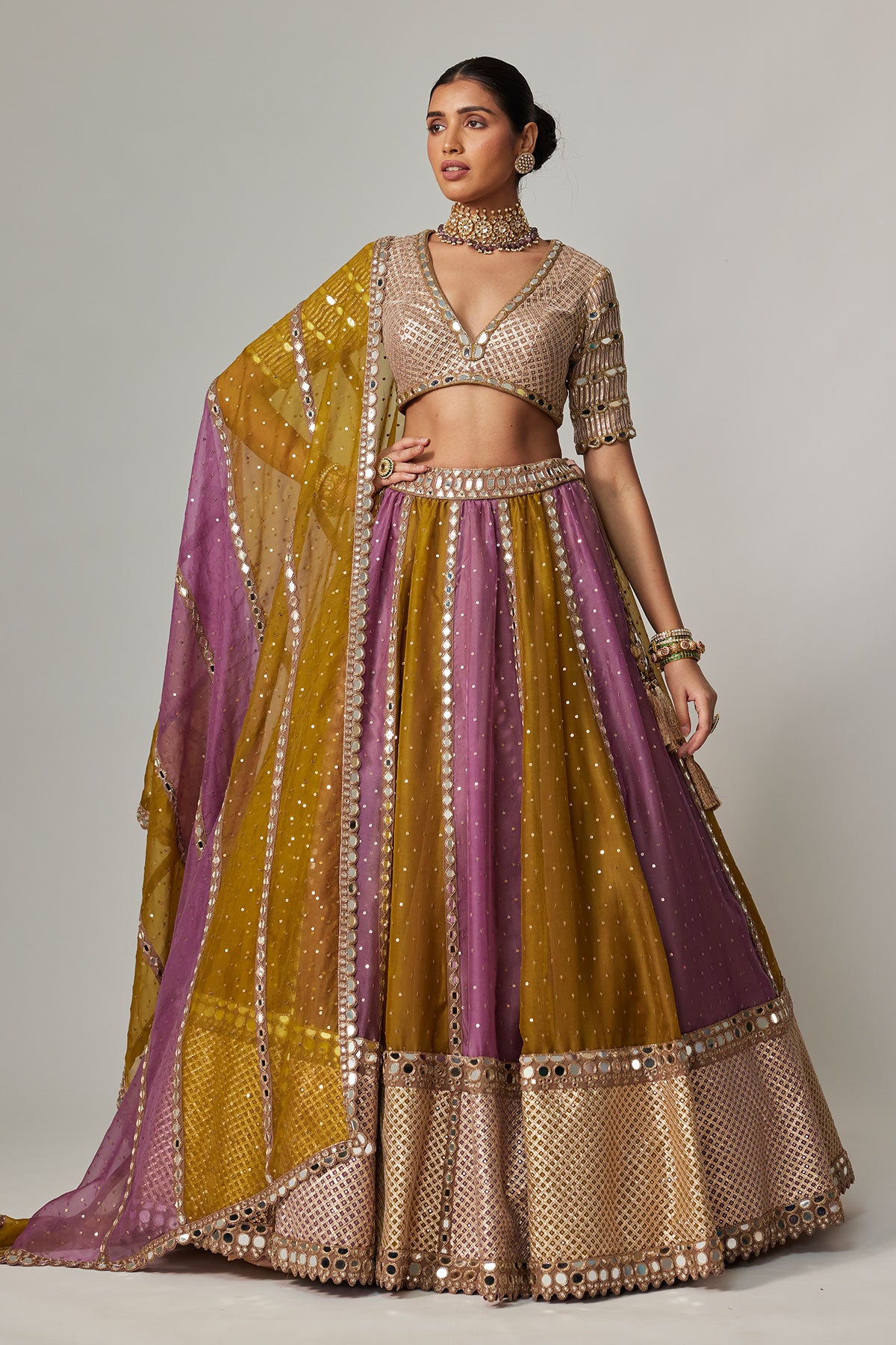 Green Multicolor Sequin Scatter Lehenga With V Neck Elbow Sleeve Blouse