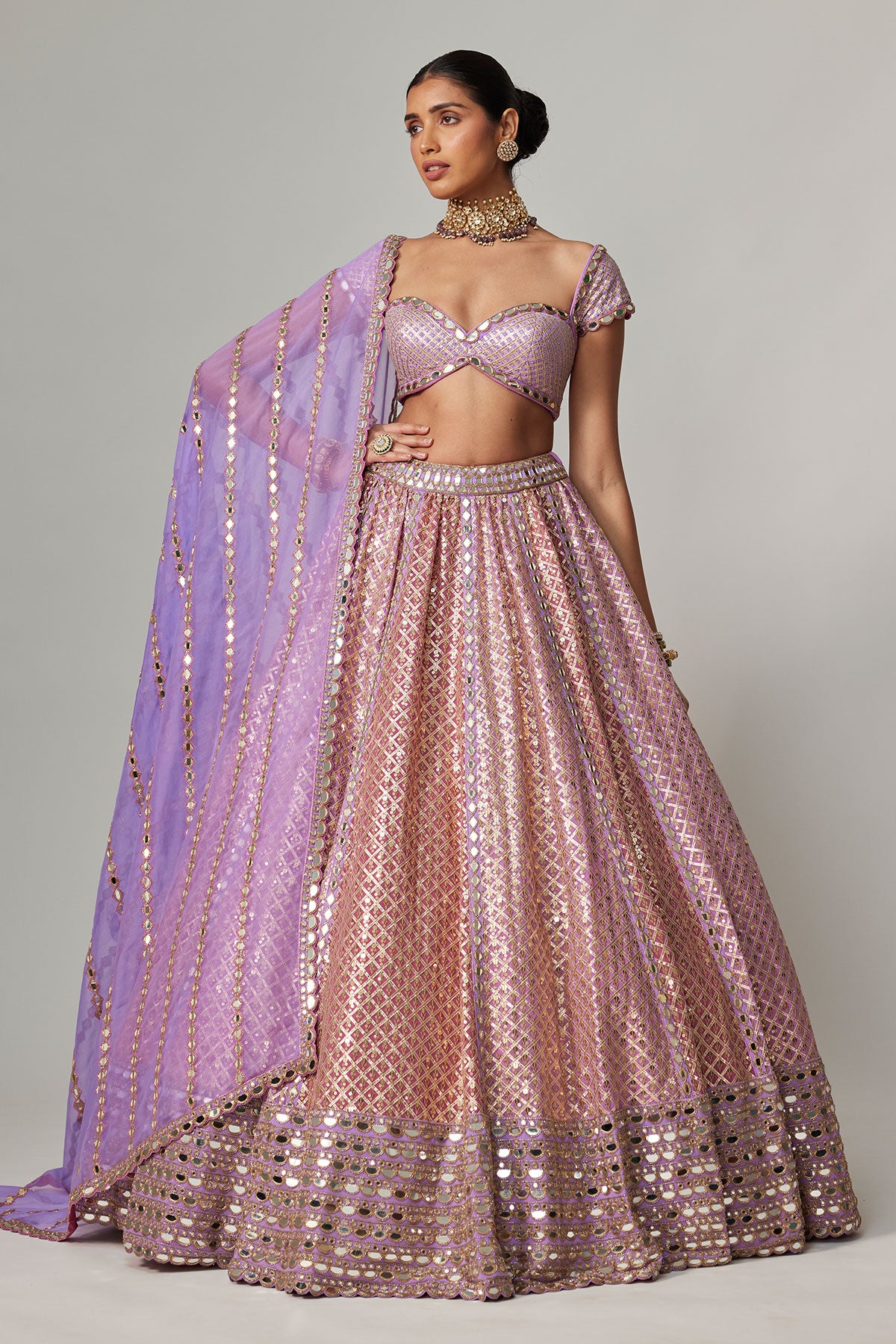 Lilac Gota Multicolor Heavy Metallic Lehenga With Cap Sleeve Blouse