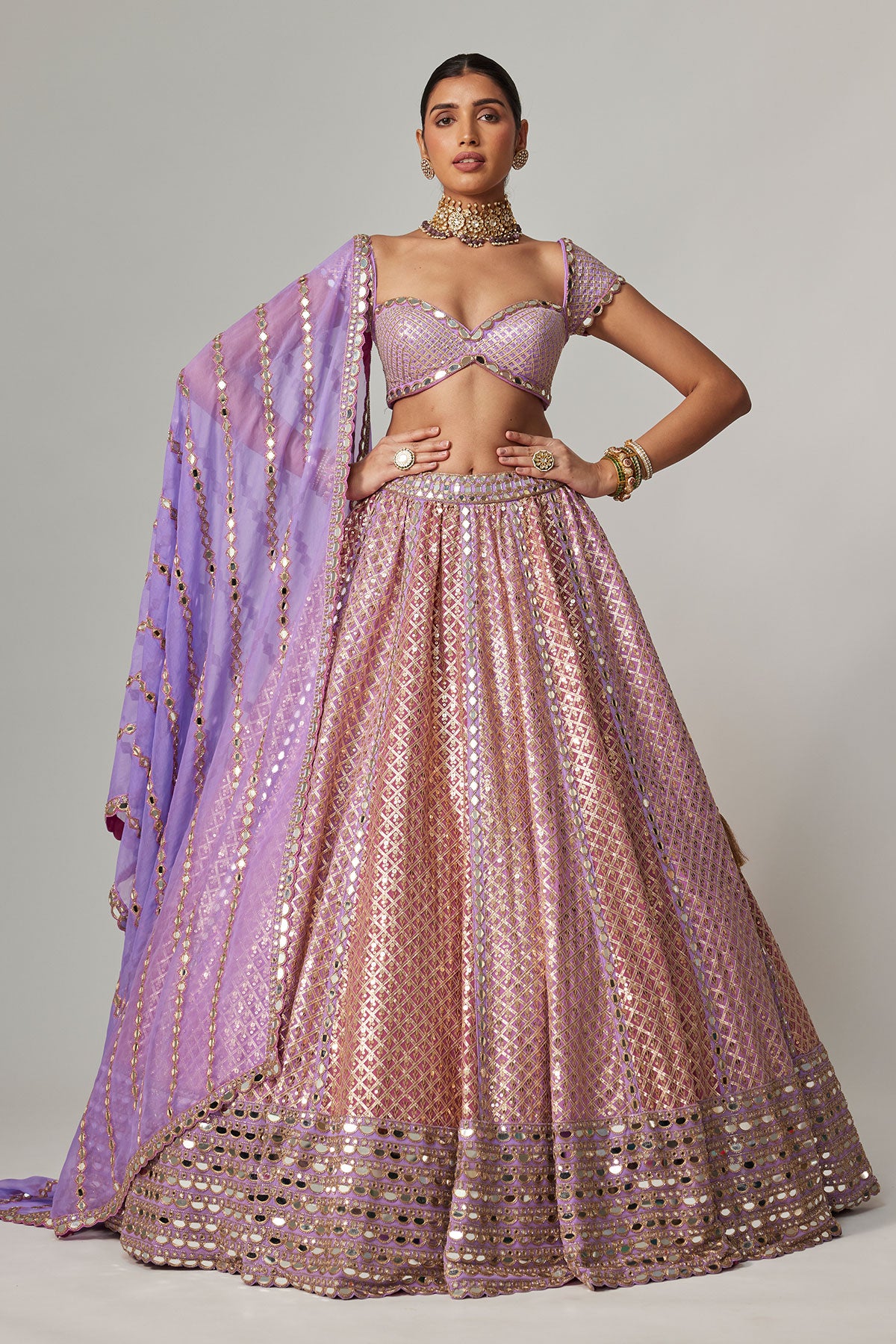 Lilac Gota Multicolor Heavy Metallic Lehenga With Cap Sleeve Blouse