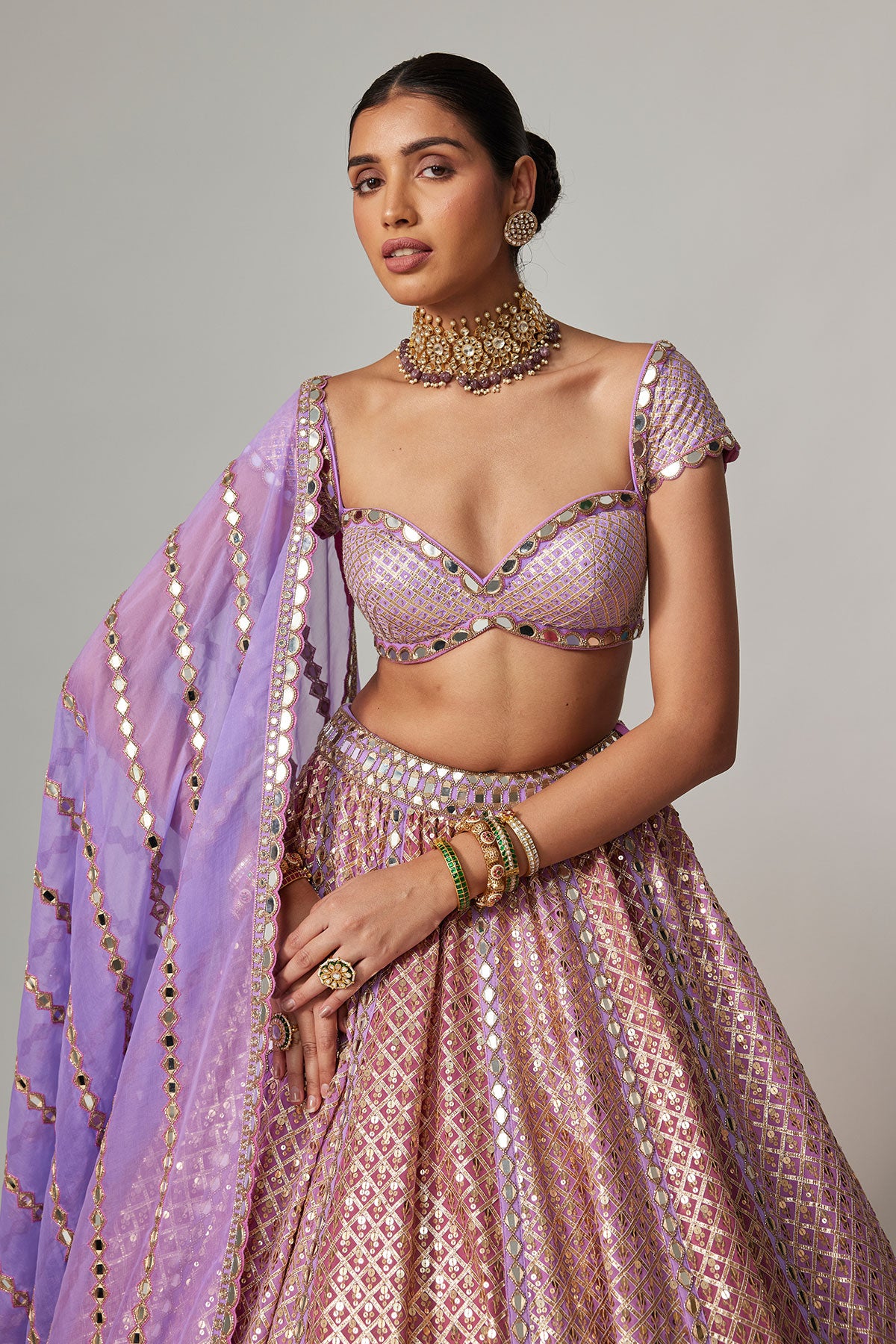 Lilac Gota Multicolor Heavy Metallic Lehenga With Cap Sleeve Blouse